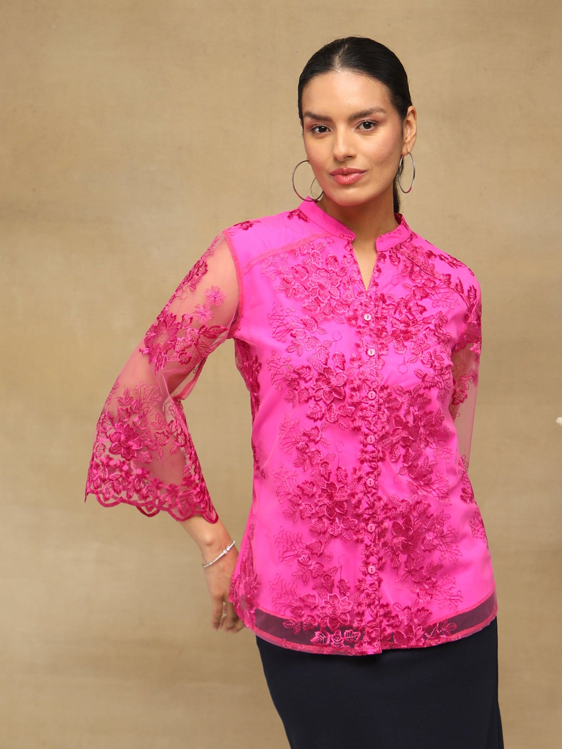 Rosé Bloom Embroidered Sheer Top