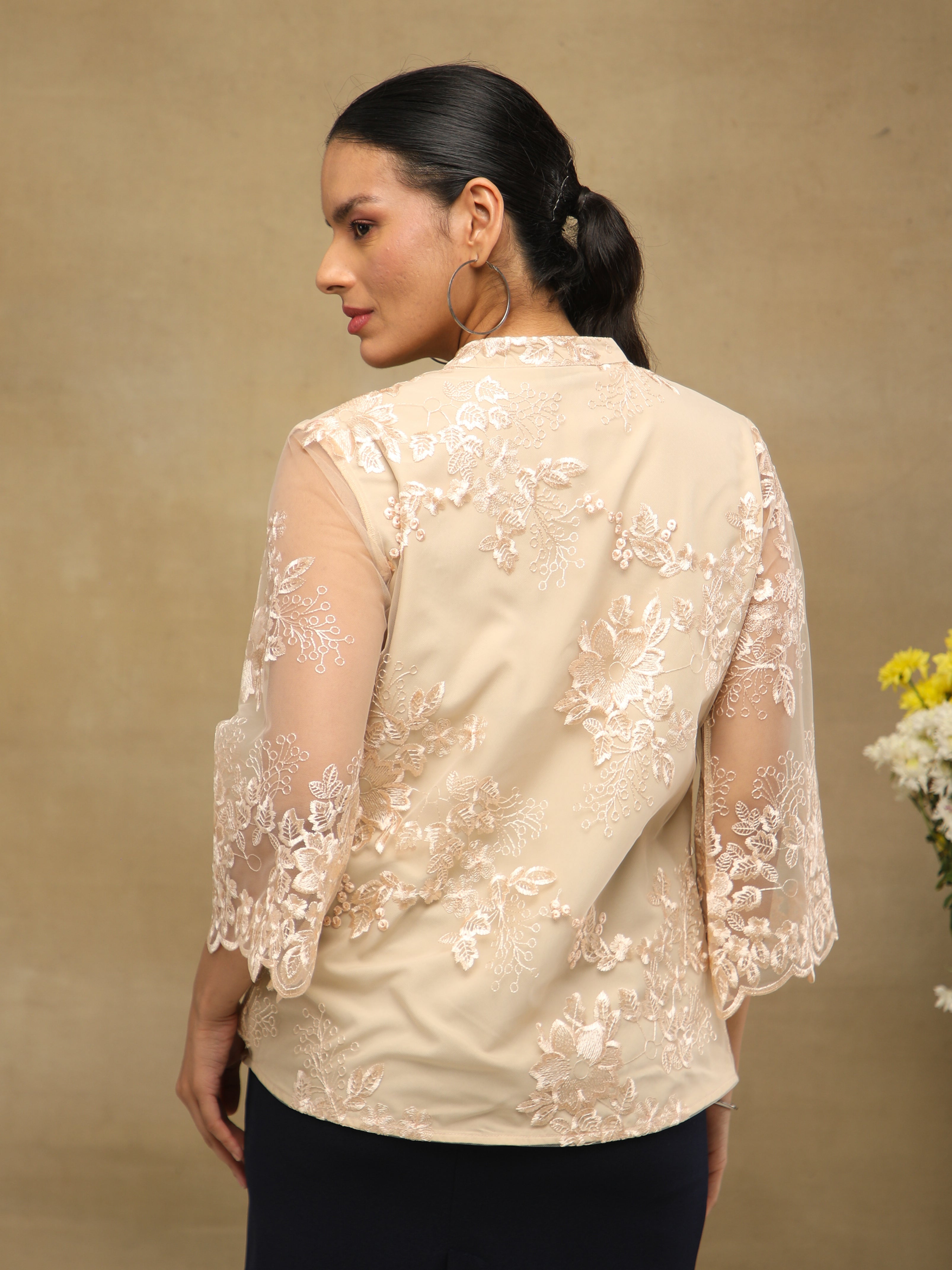Beige Whisper Embroidered Sheer Top