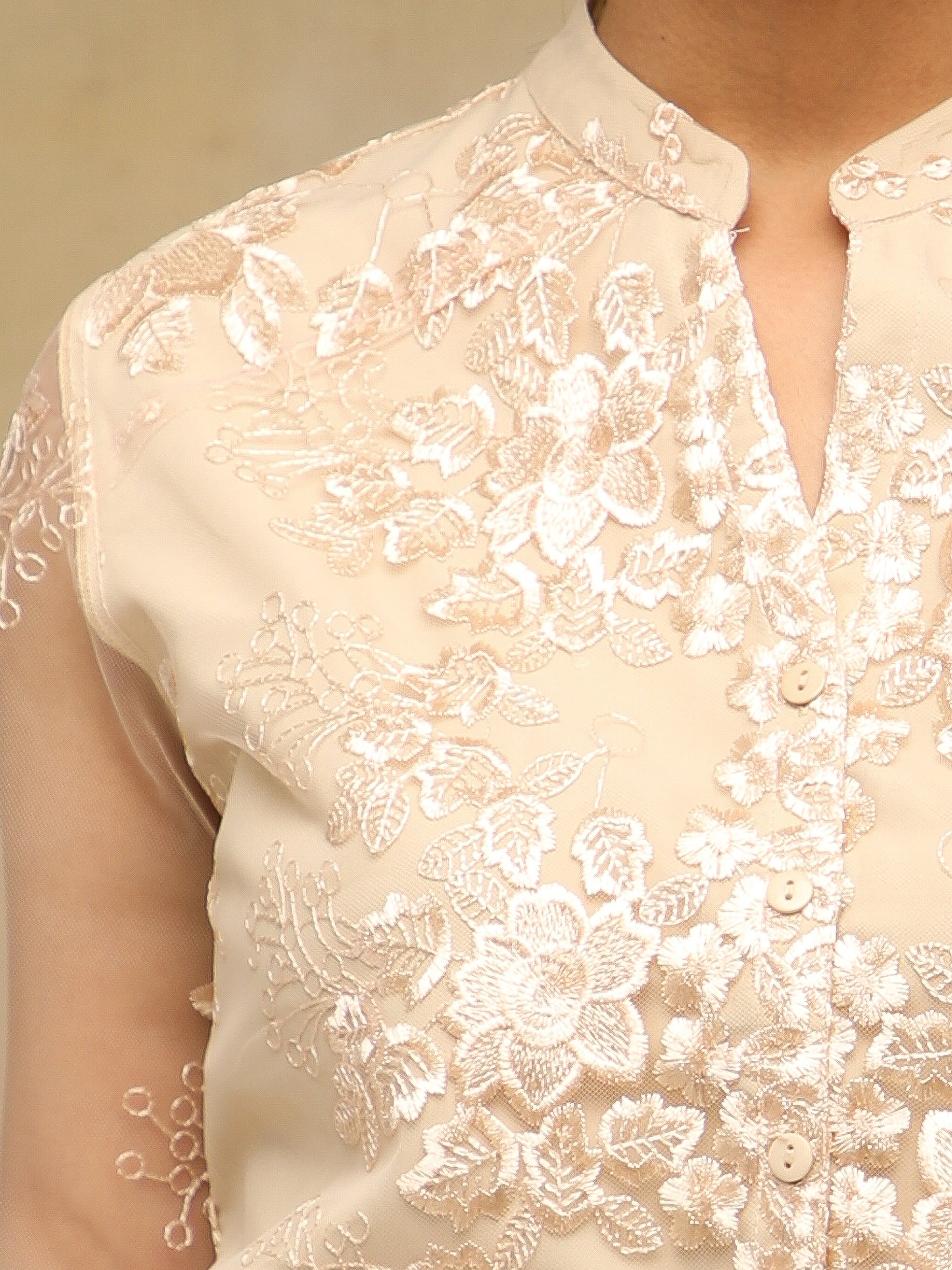 Beige Whisper Embroidered Sheer Top