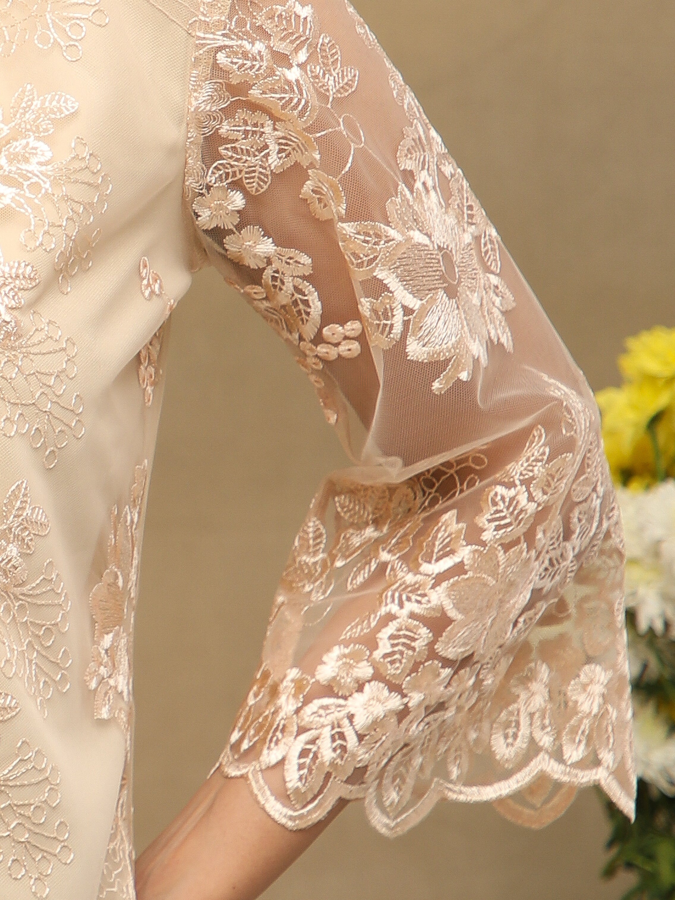 Beige Whisper Embroidered Sheer Top