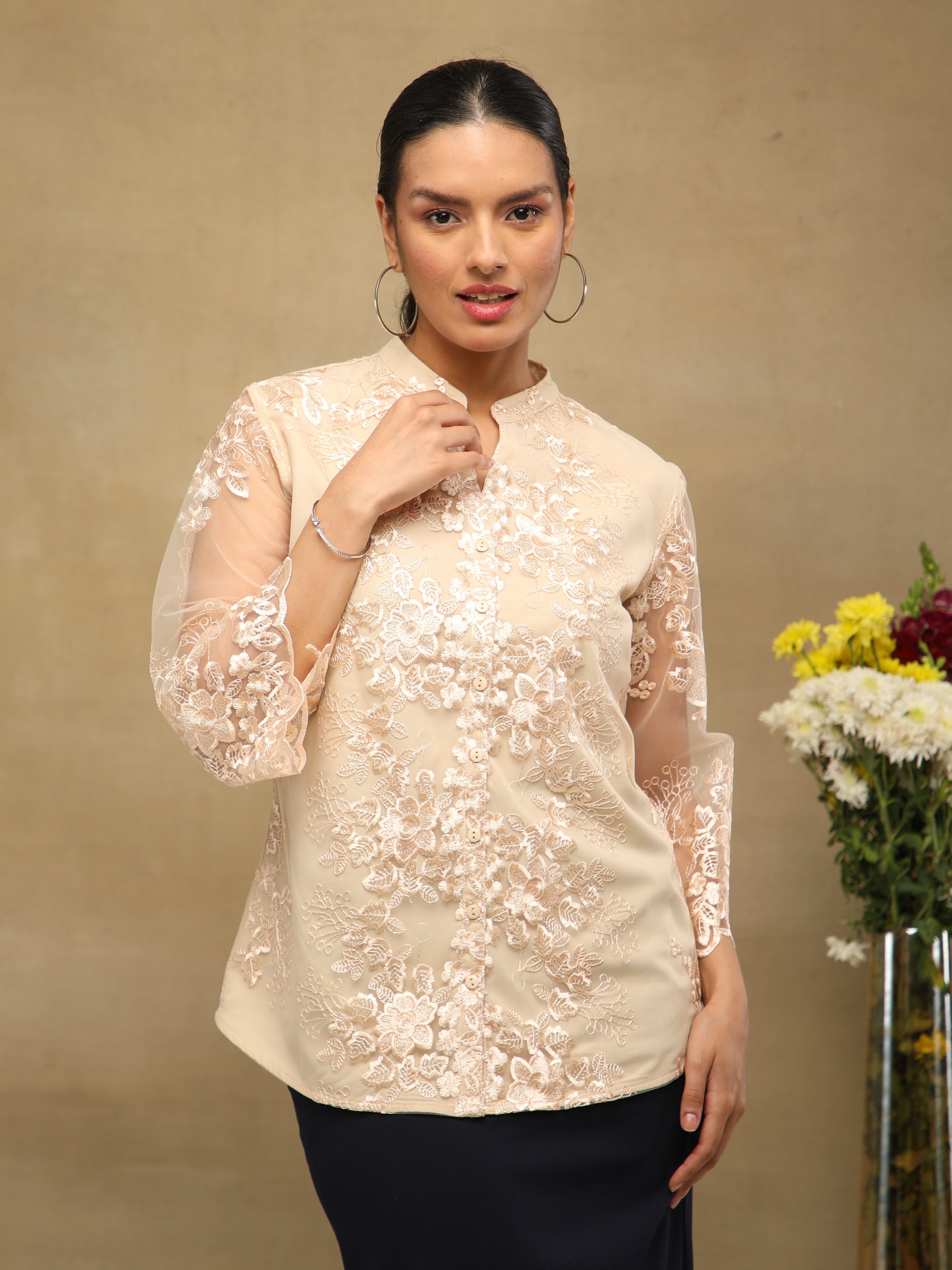 Beige Whisper Embroidered Sheer Top