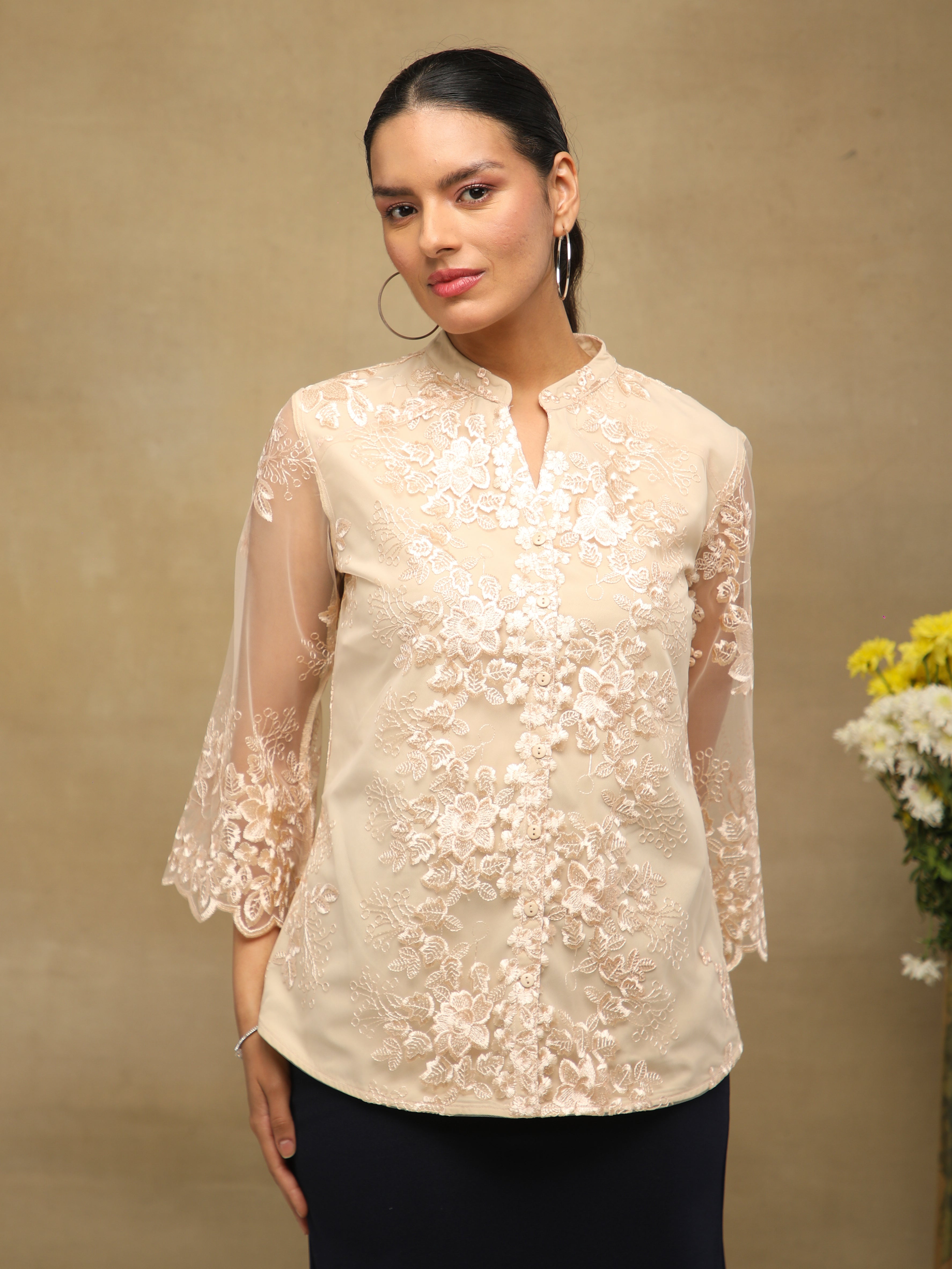 Beige Whisper Embroidered Sheer Top