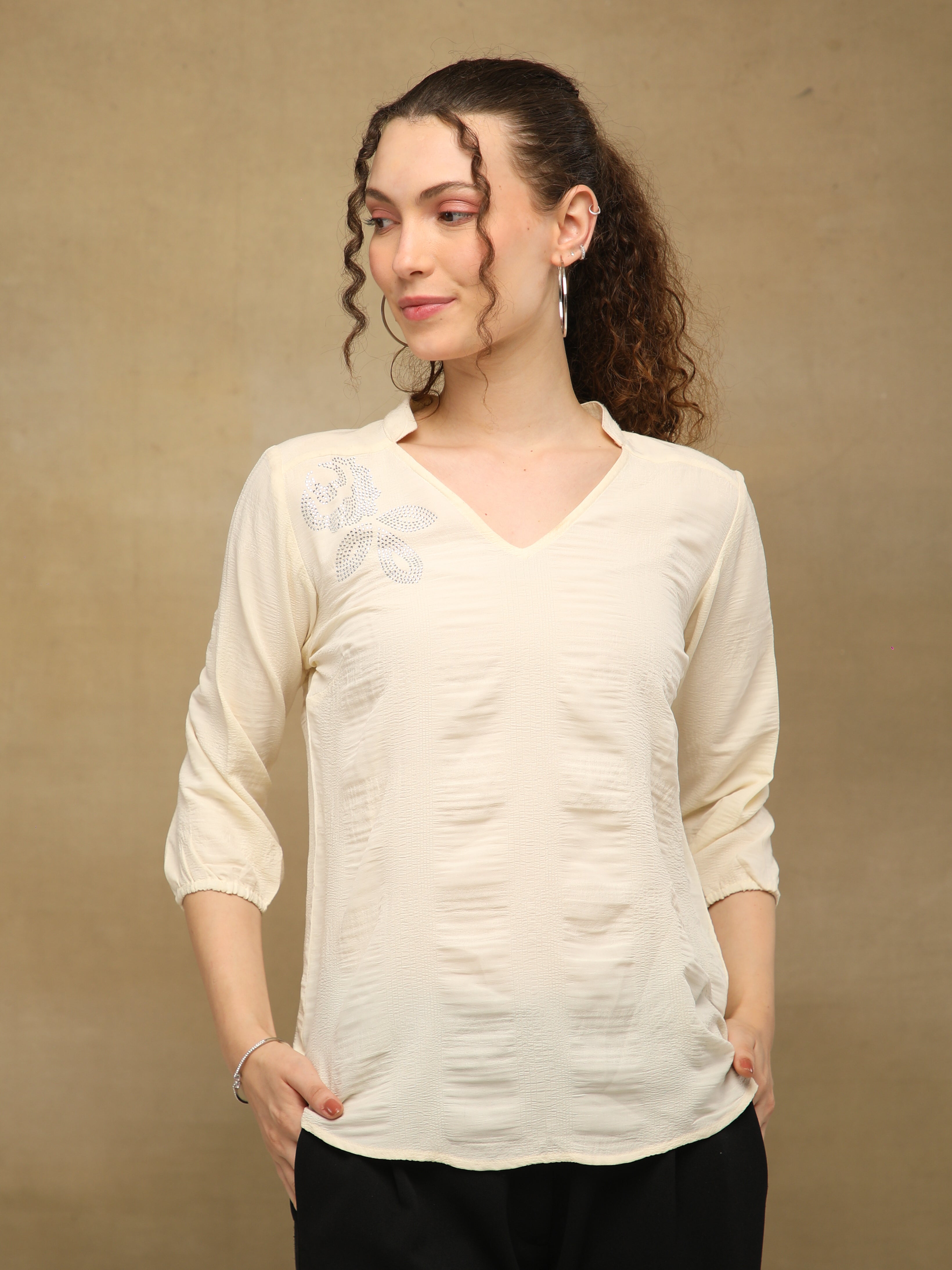 Textured Swarovski Off White Top