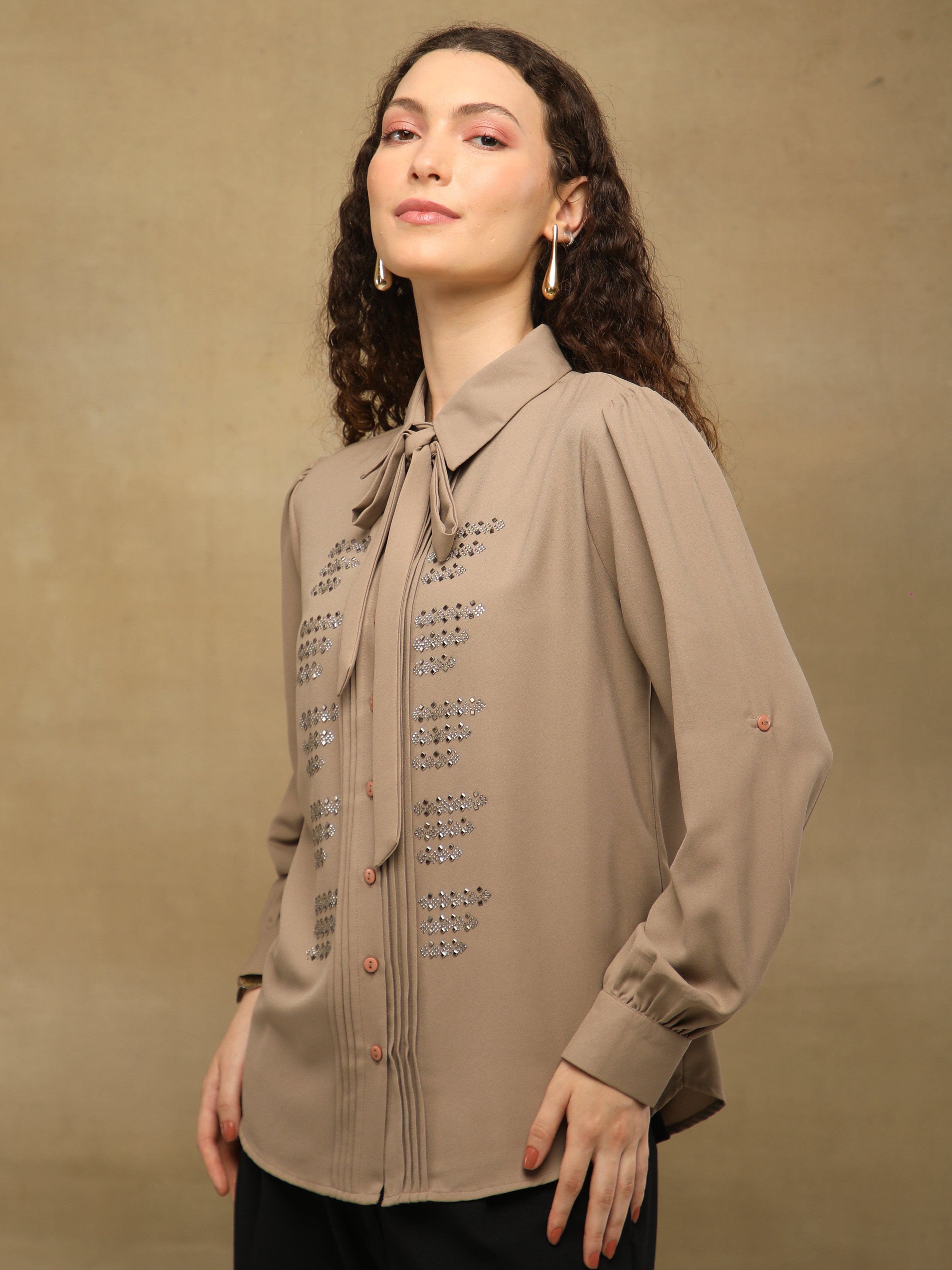 Taupe Linear Crystal Tie-up Shirt