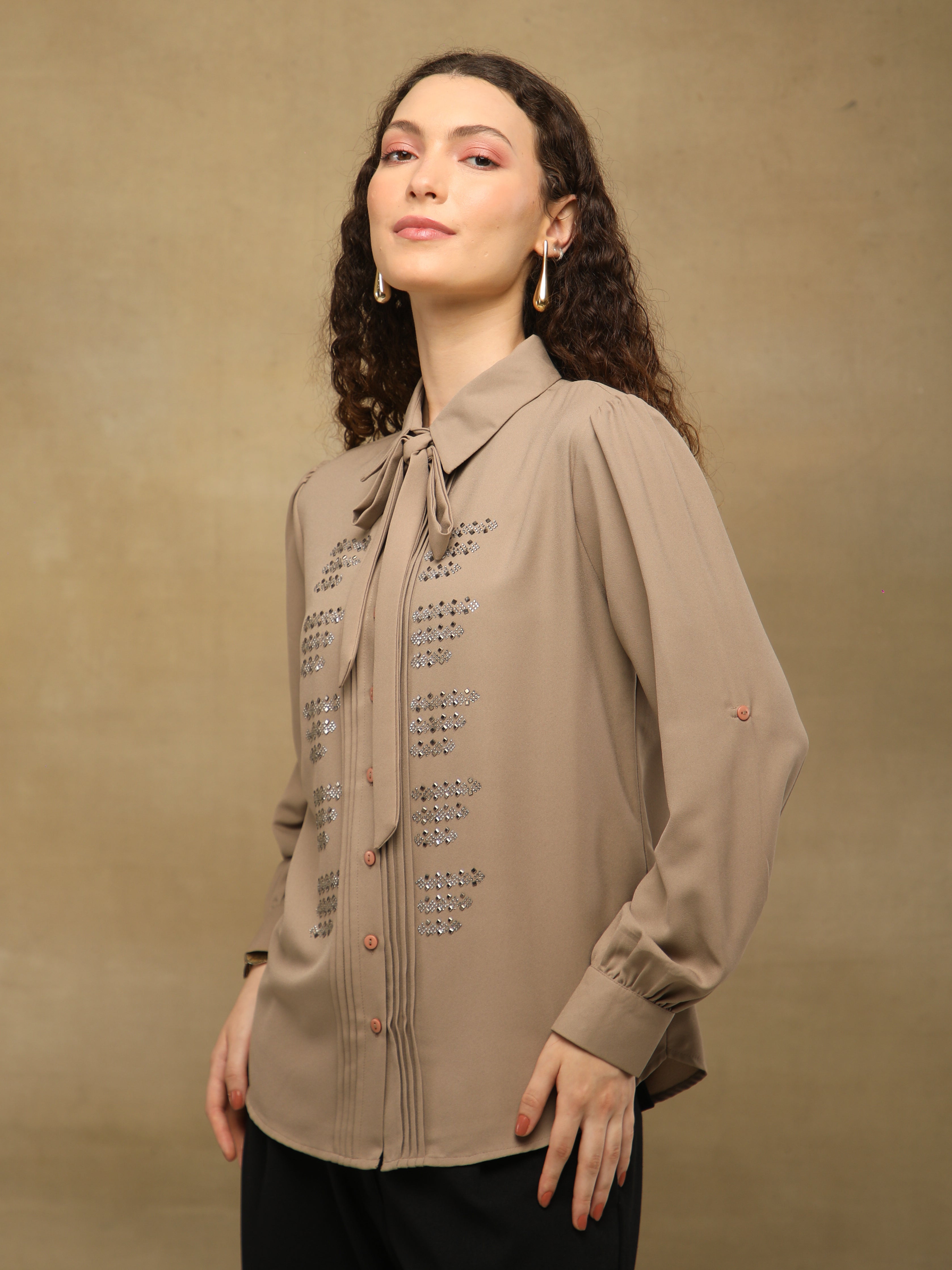 Taupe Linear Swarovski Tie-up Shirt