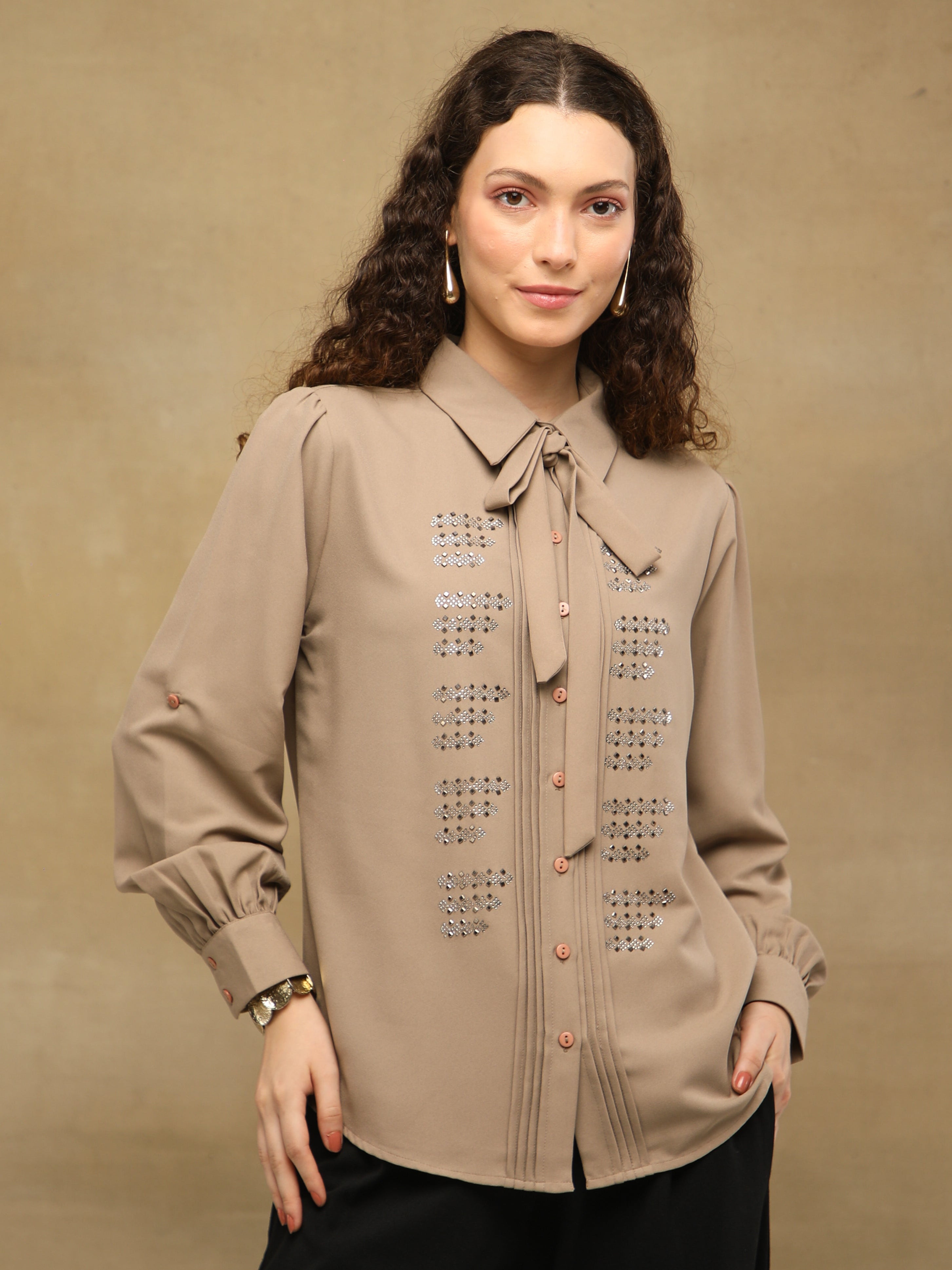 Taupe Linear Crystal Tie-up Shirt