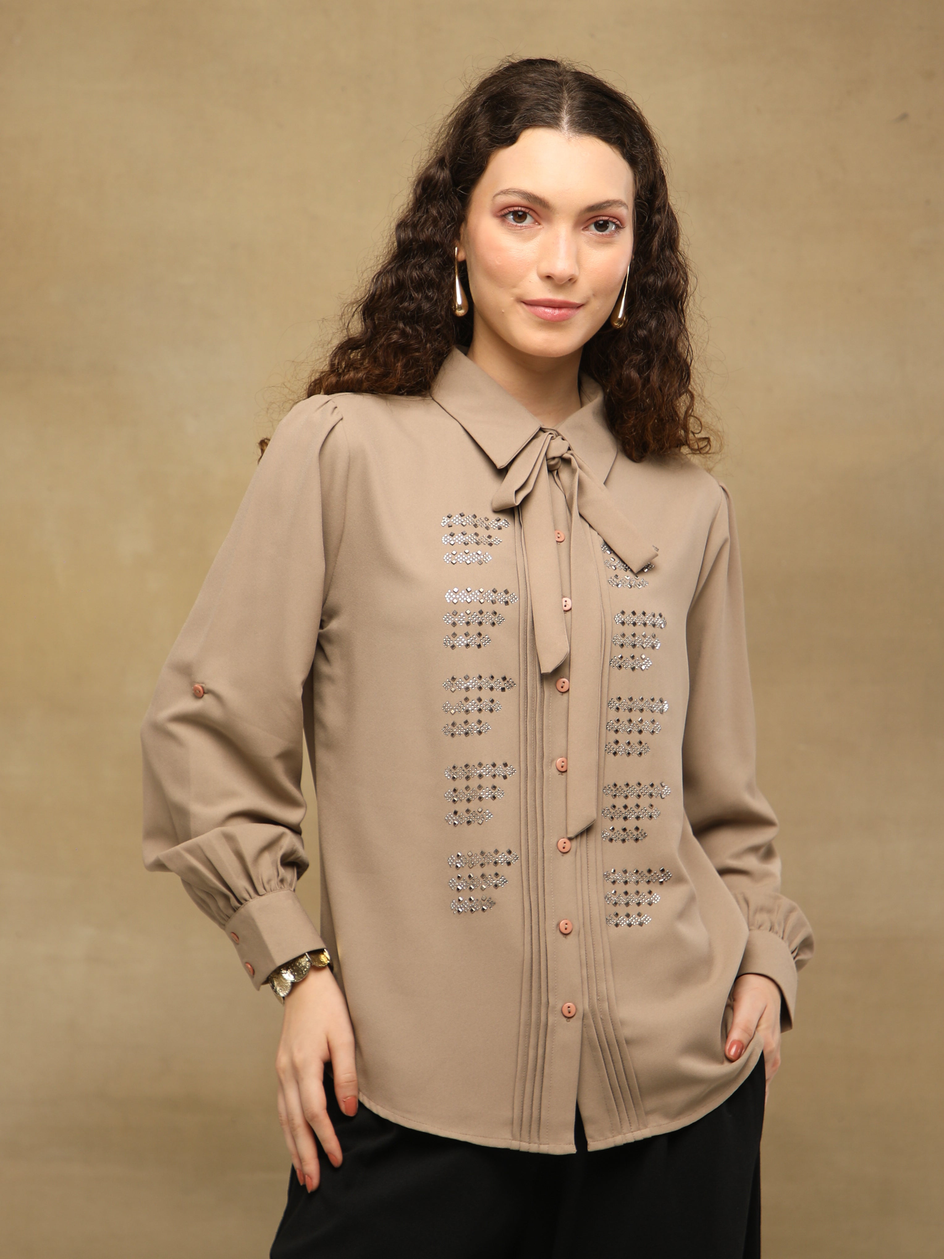 Taupe Linear Swarovski Tie-up Shirt