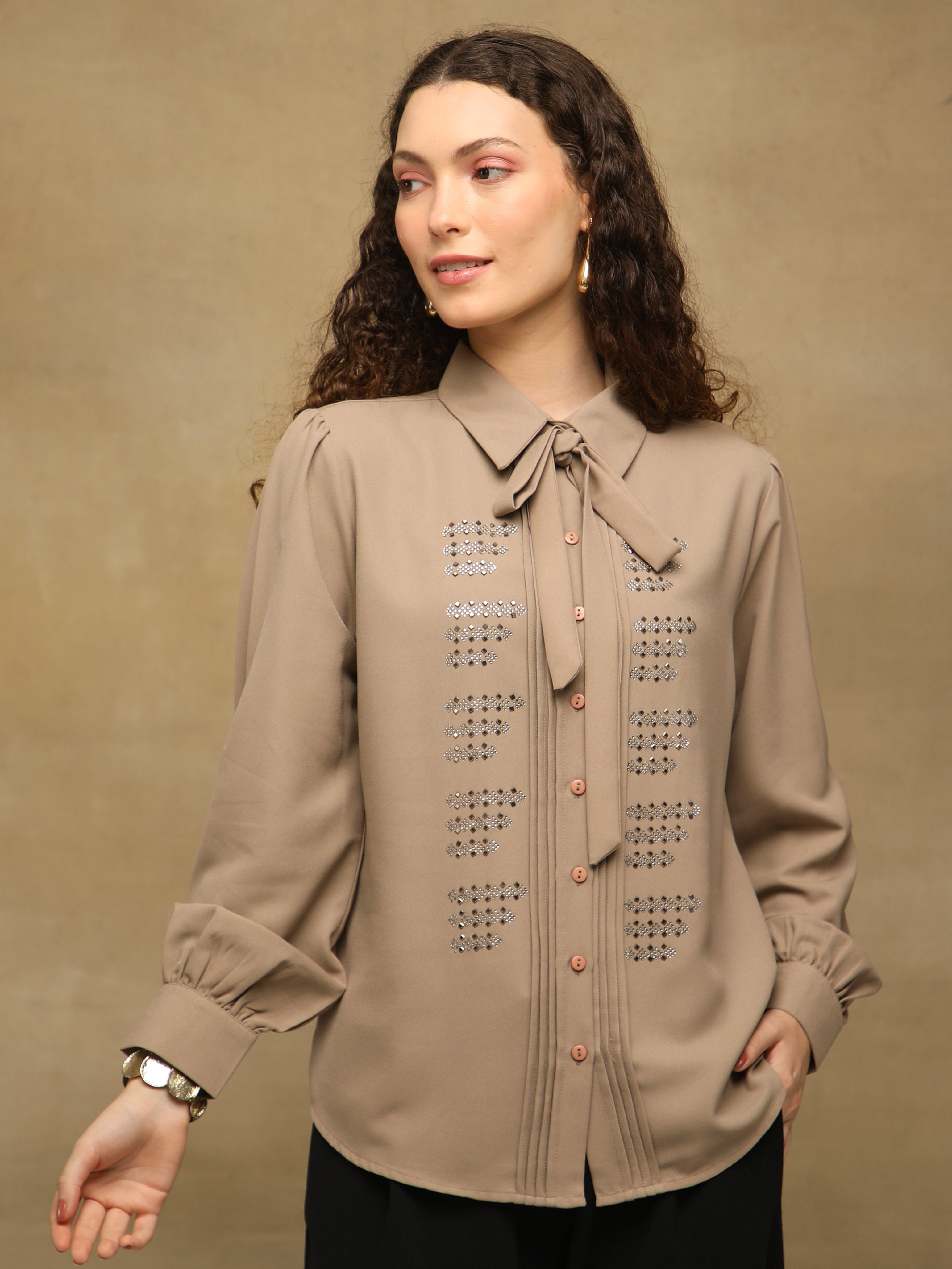 Taupe Linear Crystal Tie-up Shirt