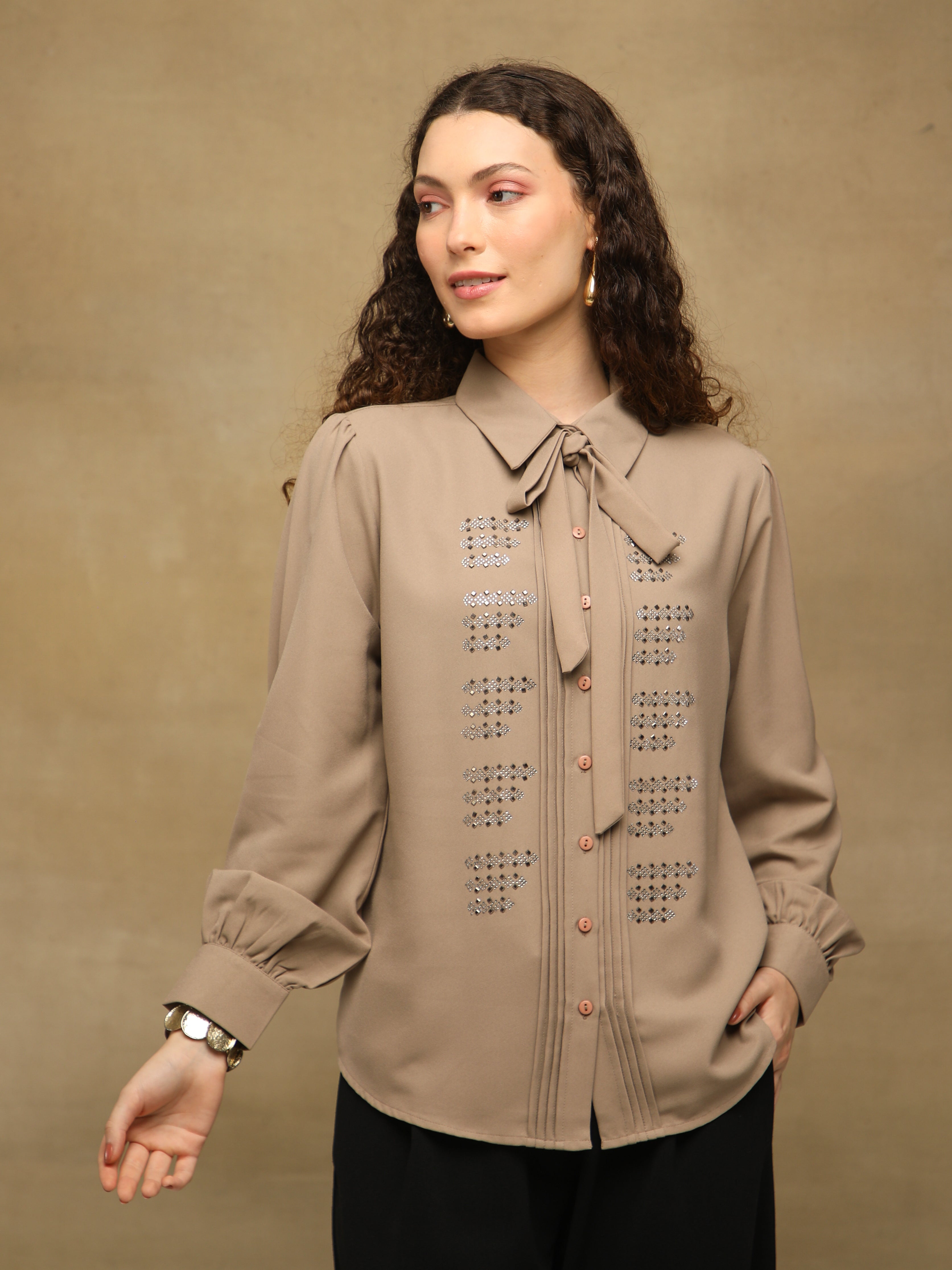 Taupe Linear Swarovski Tie-up Shirt