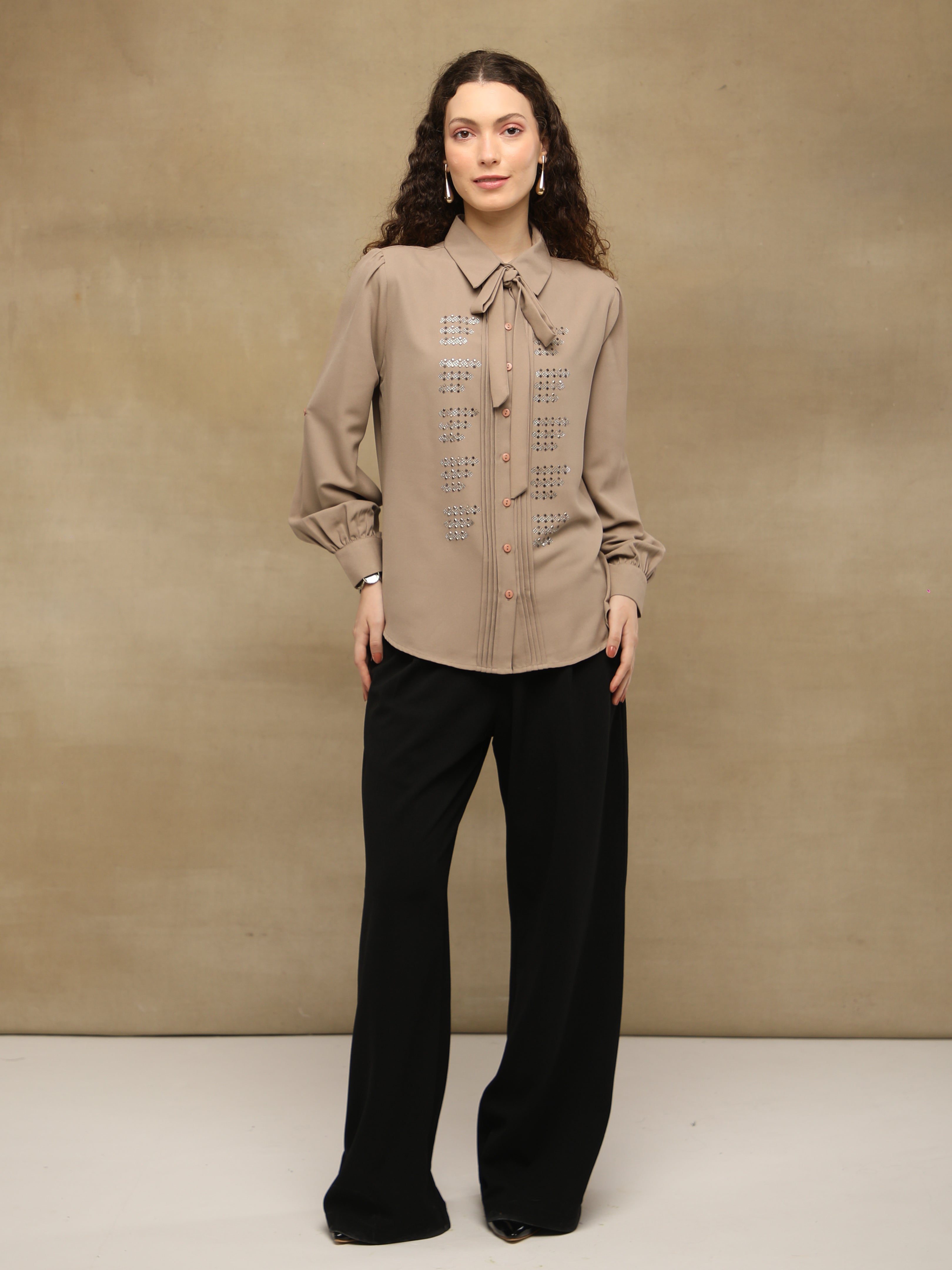 Taupe Linear Swarovski Tie-up Shirt