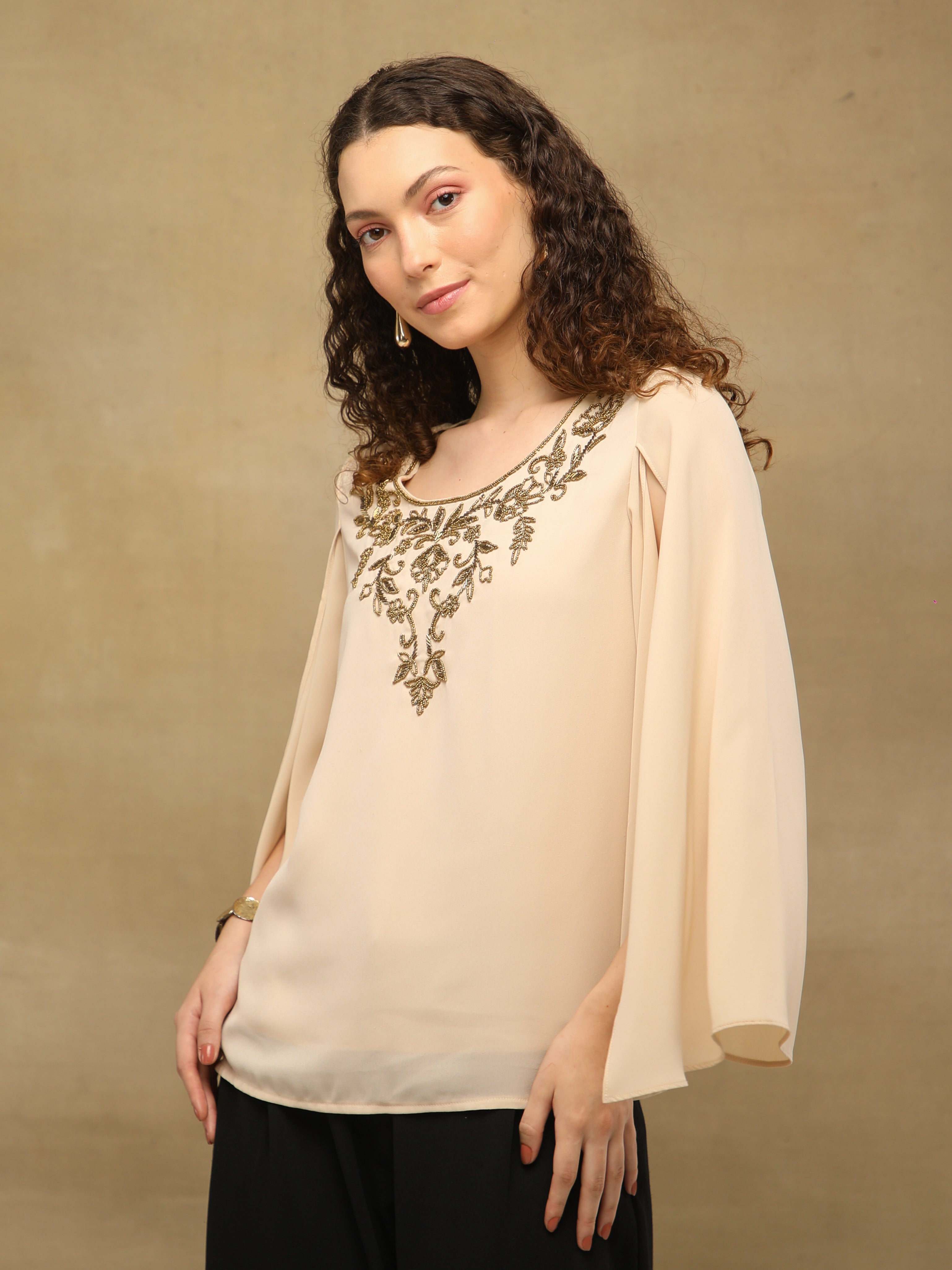 Apricot Drape Embroidered Top