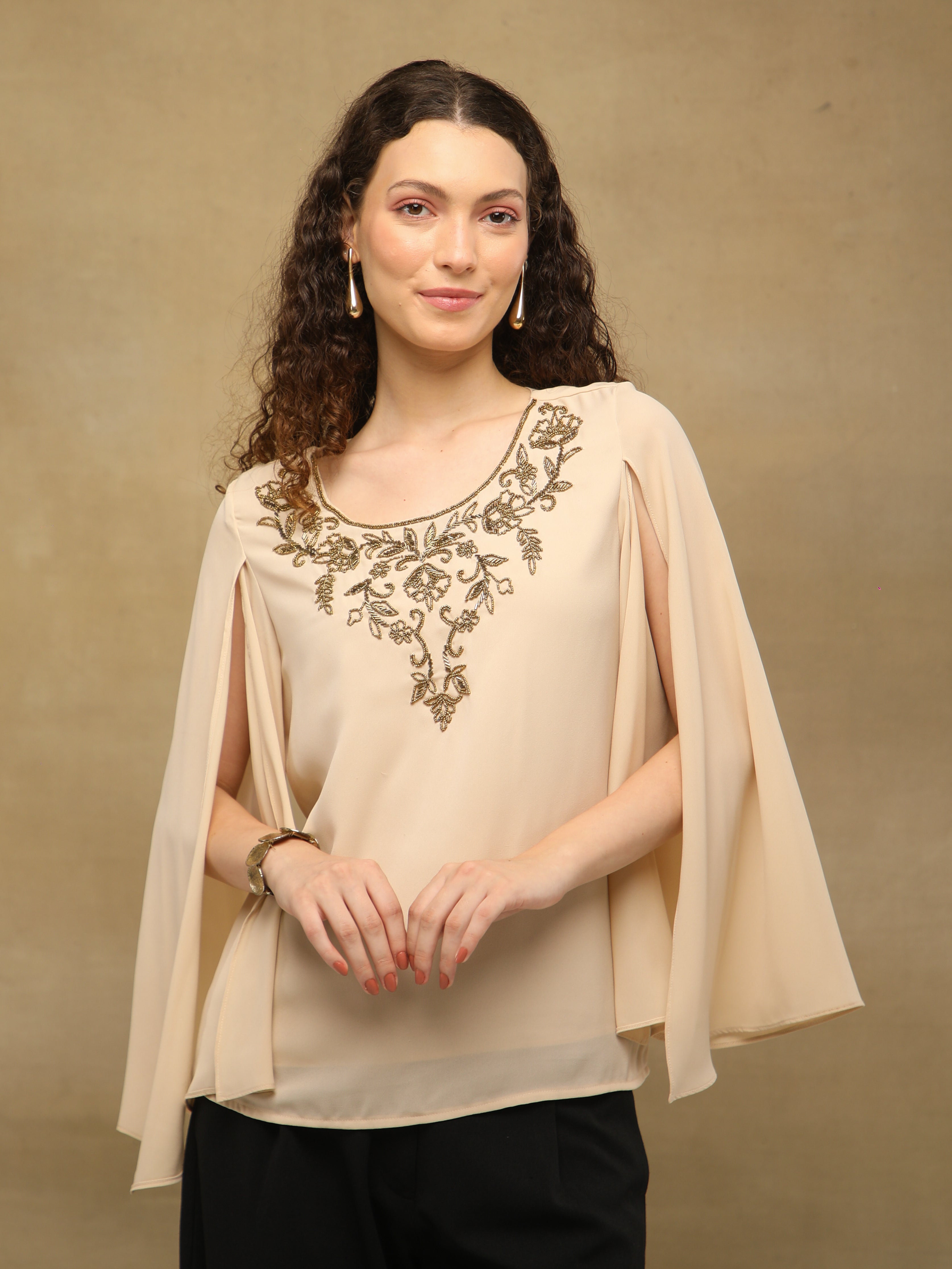Apricot Drape Embroidered Top