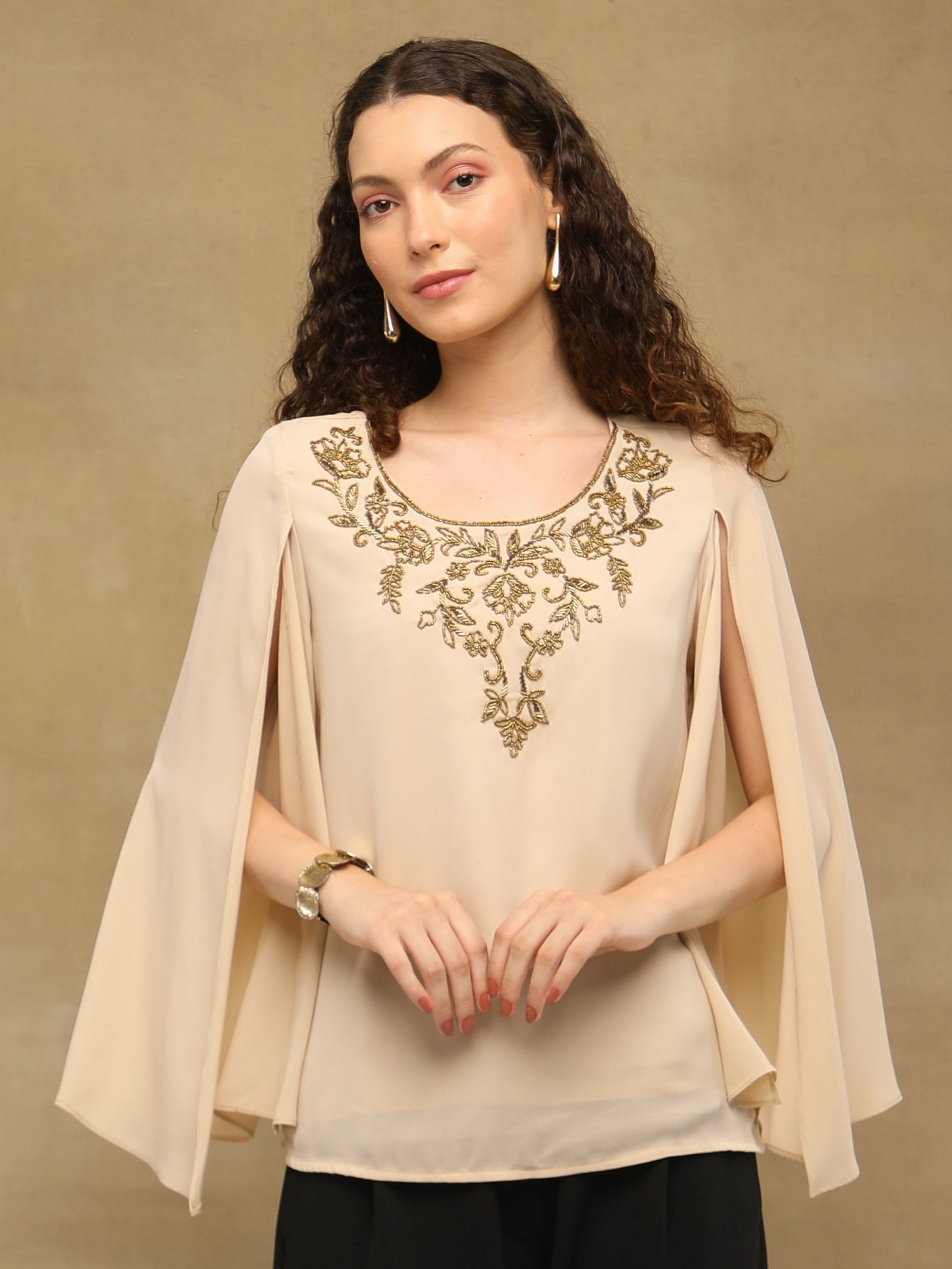 Apricot Drape Embroidered Top