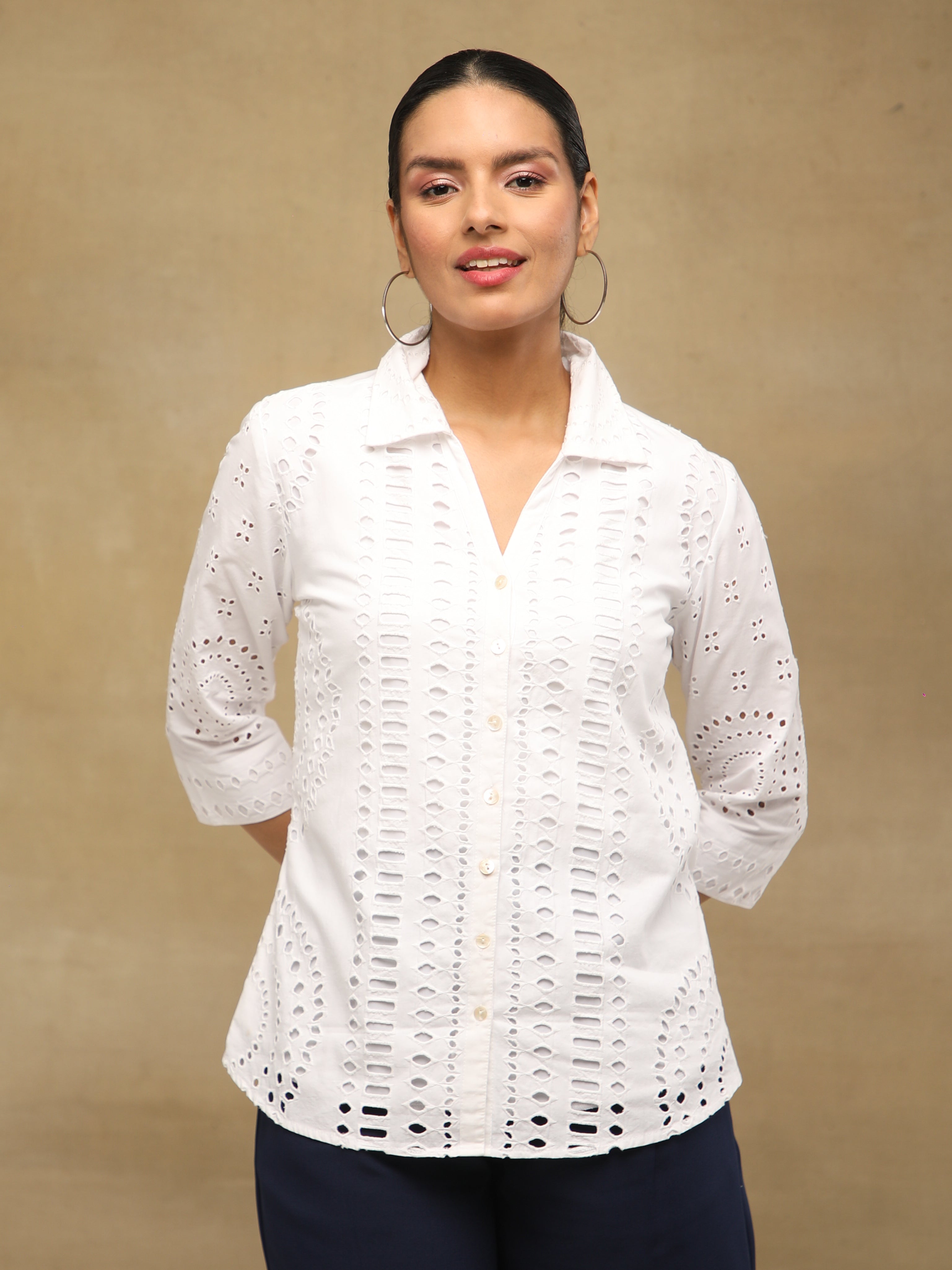 Ivory Cutwork Cotton Schiffli Shirt