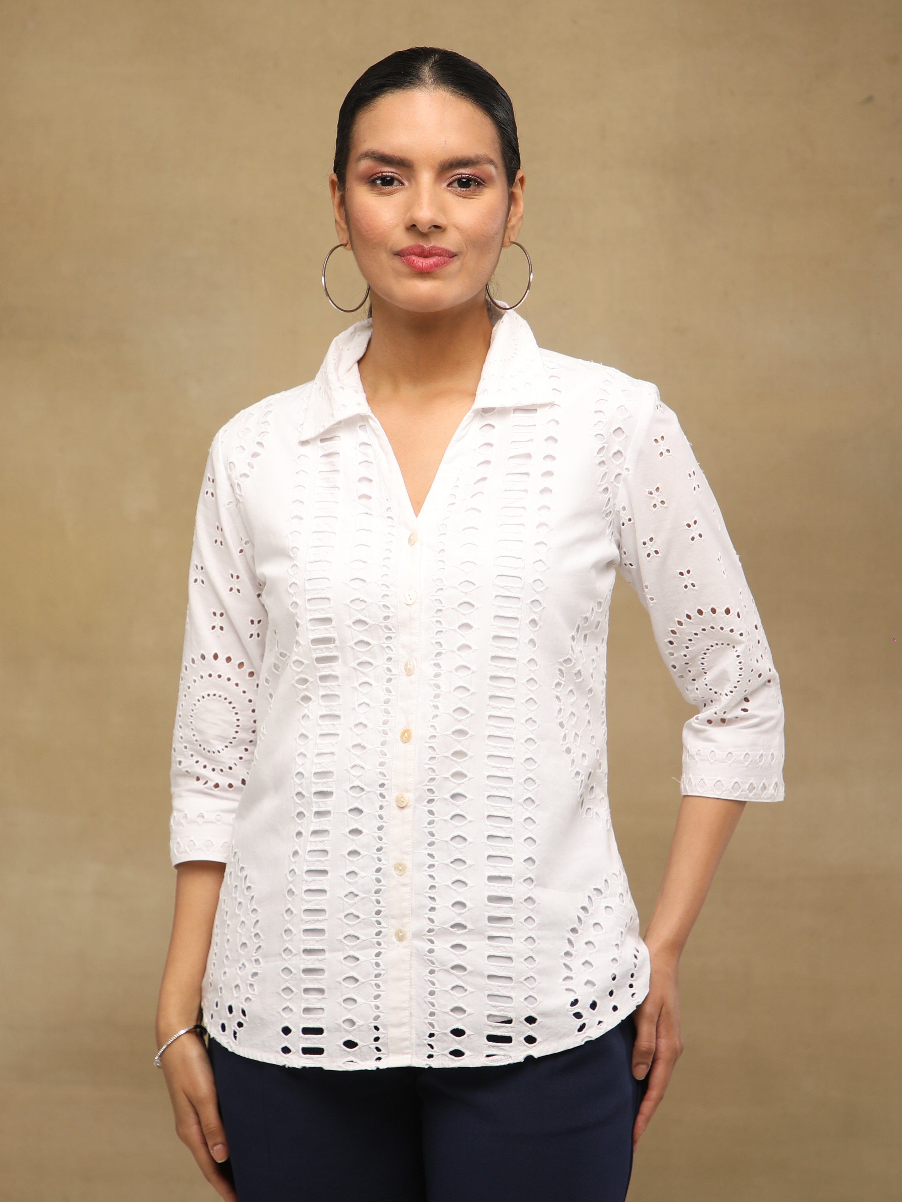 Ivory Cutwork Cotton Schiffli Shirt