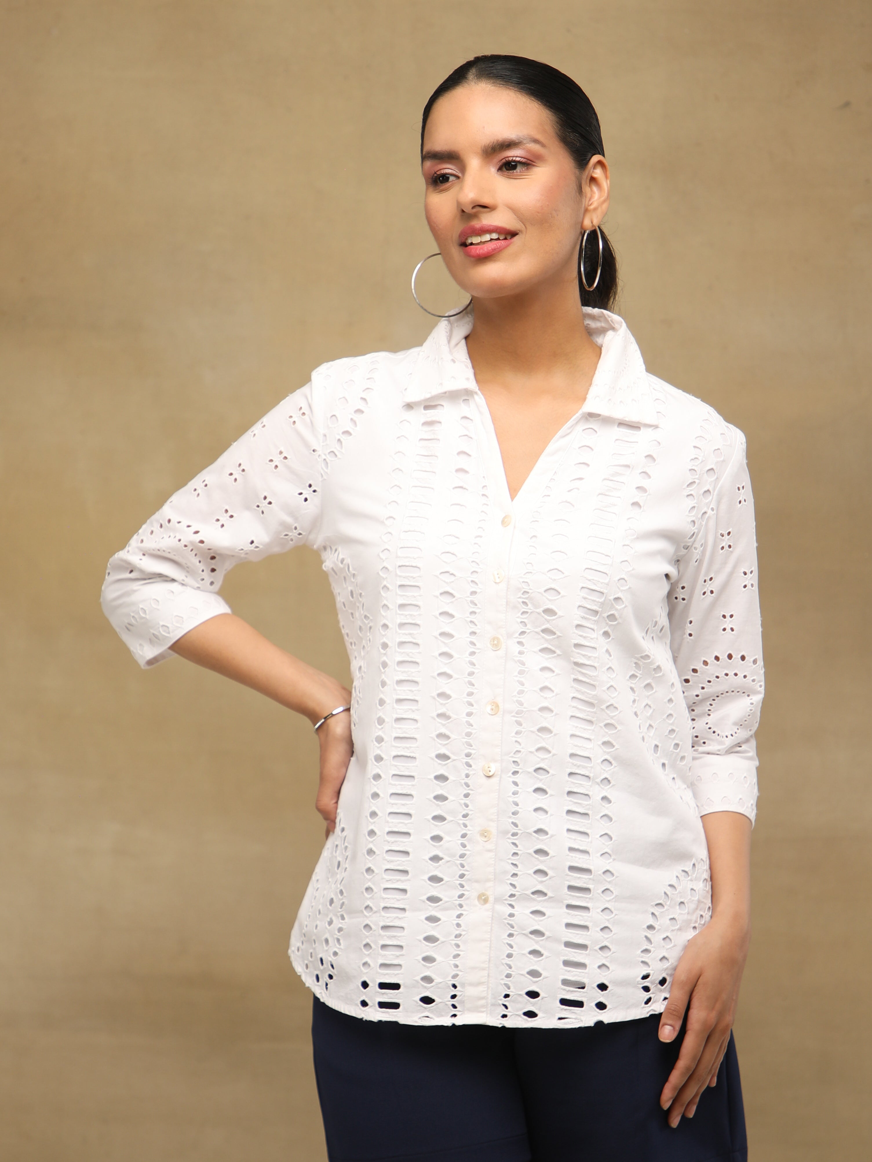 Ivory Cutwork Cotton Schiffli Shirt