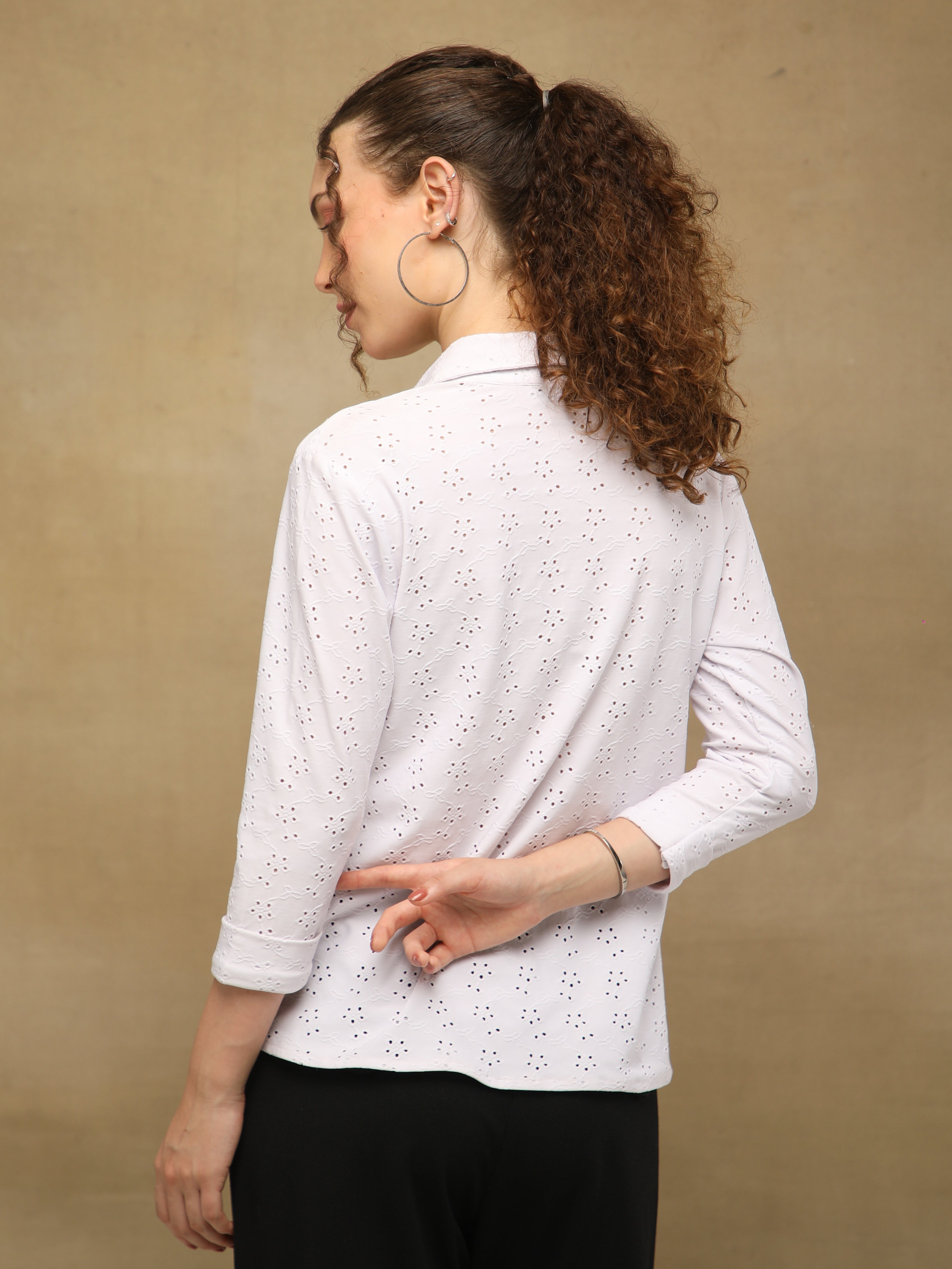 White Schiffli Knit Shirt