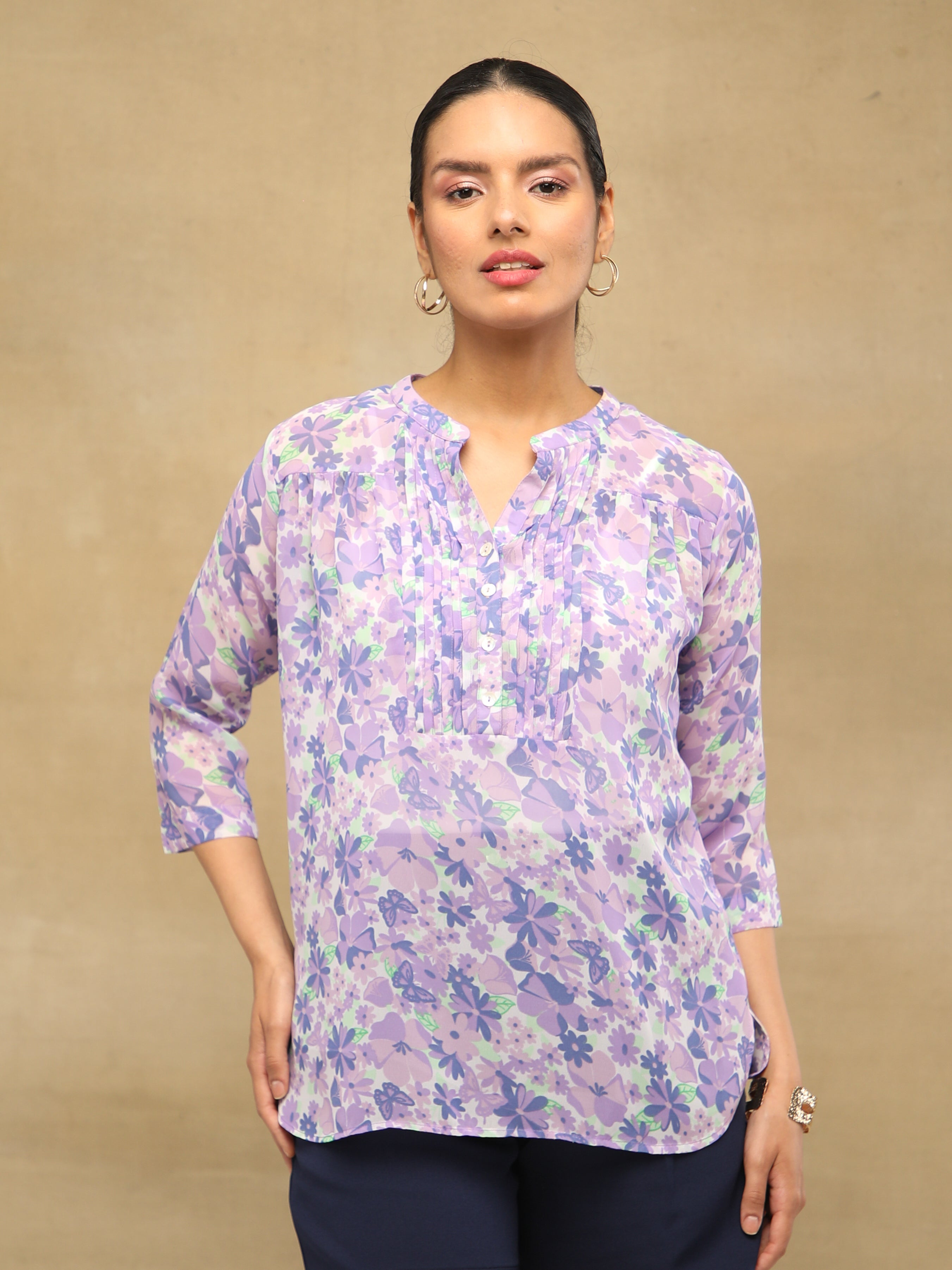 Lilac Pleated Printed Top