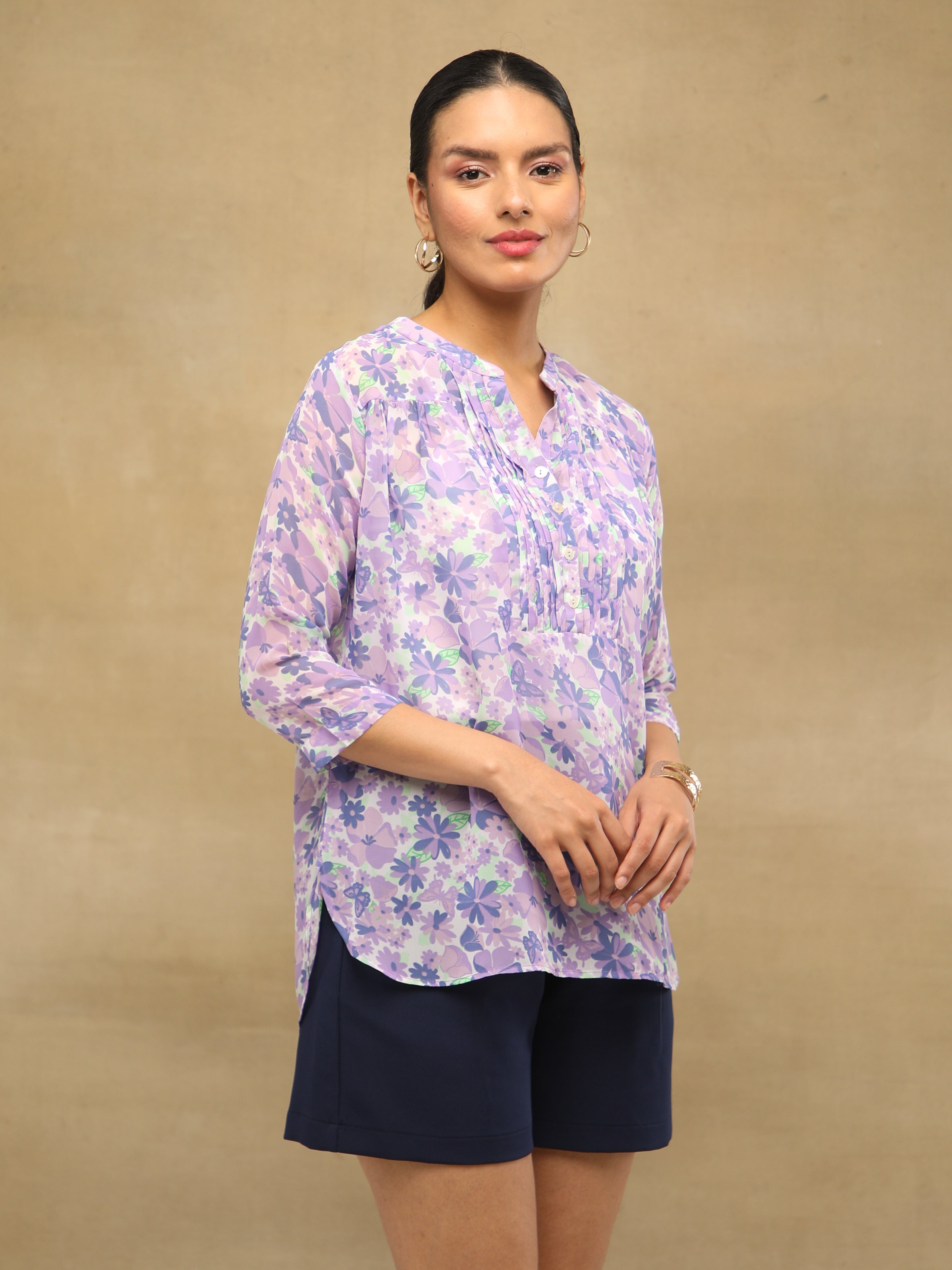 Lilac Pleated Printed Top