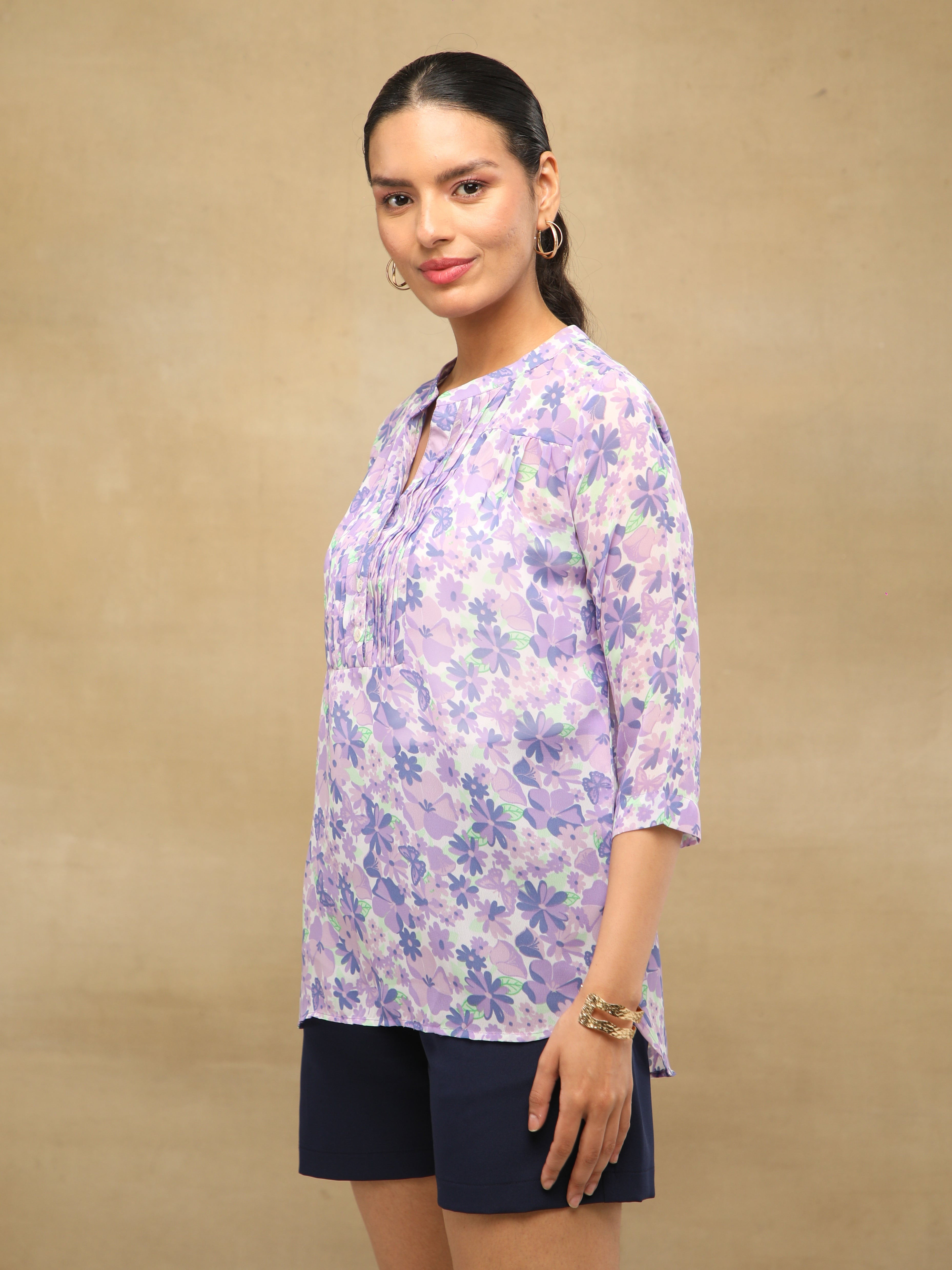 Lilac Pleated Printed Top