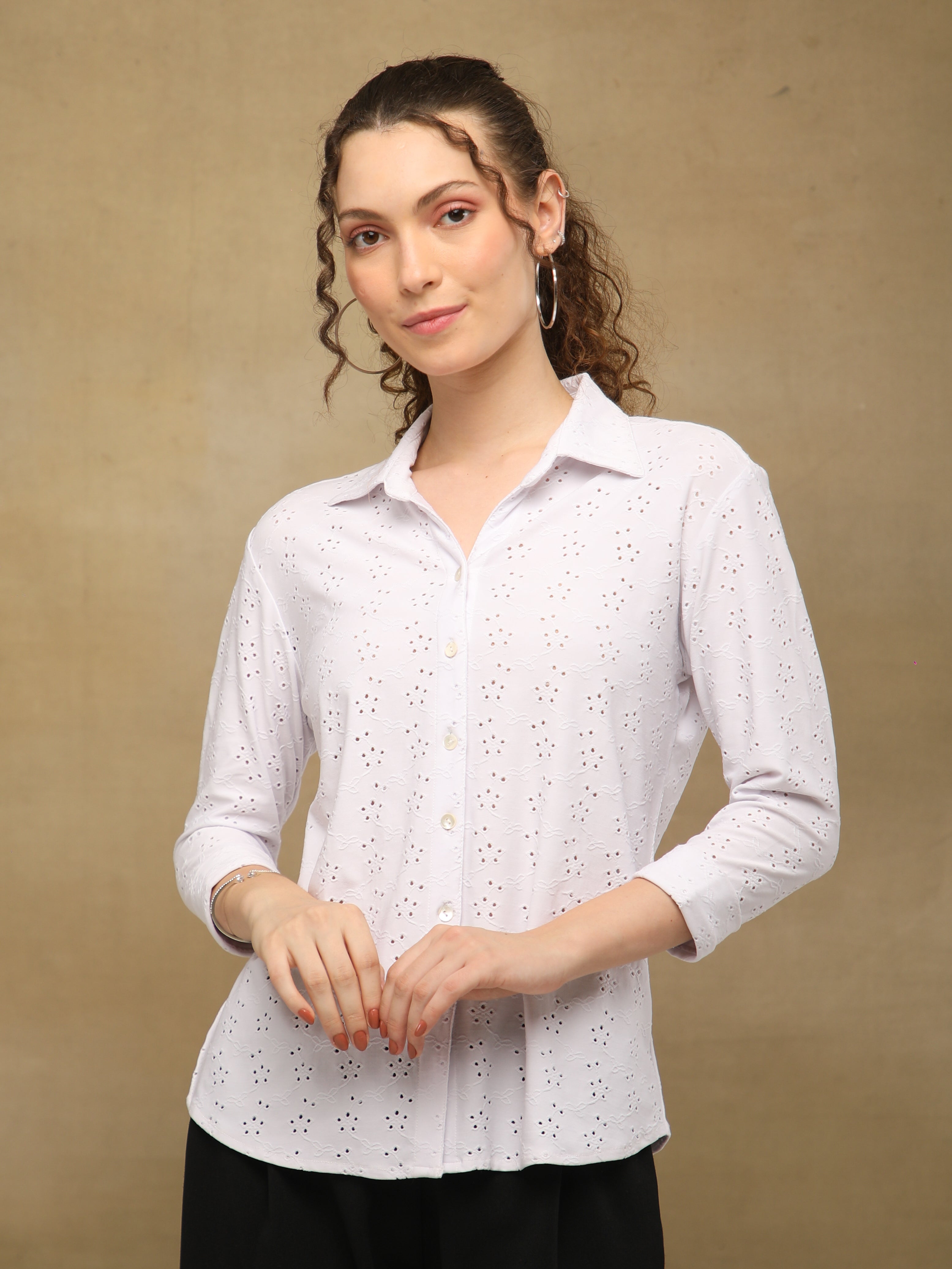 White Schiffli Knit Shirt
