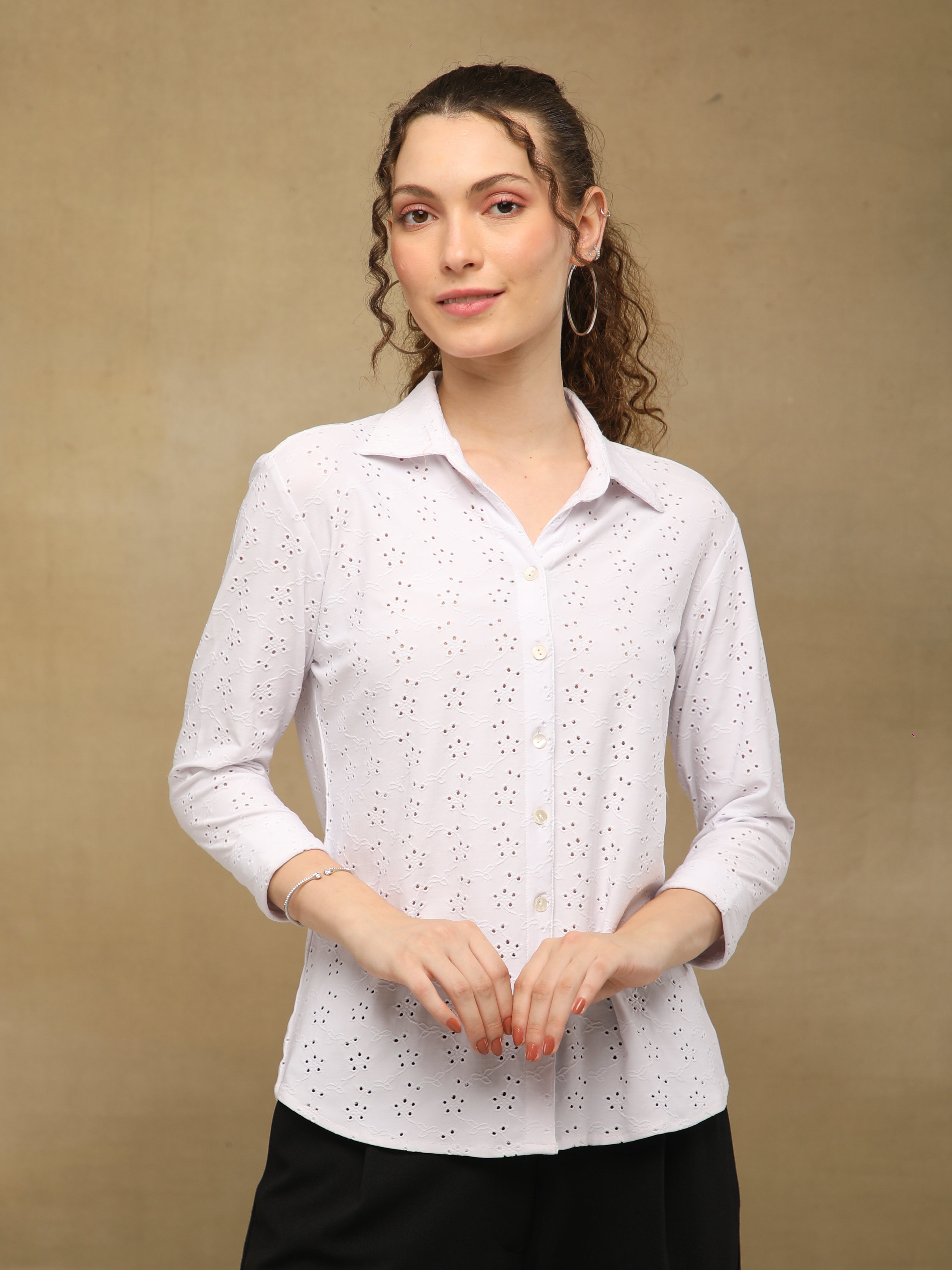 White Schiffli Knit Shirt