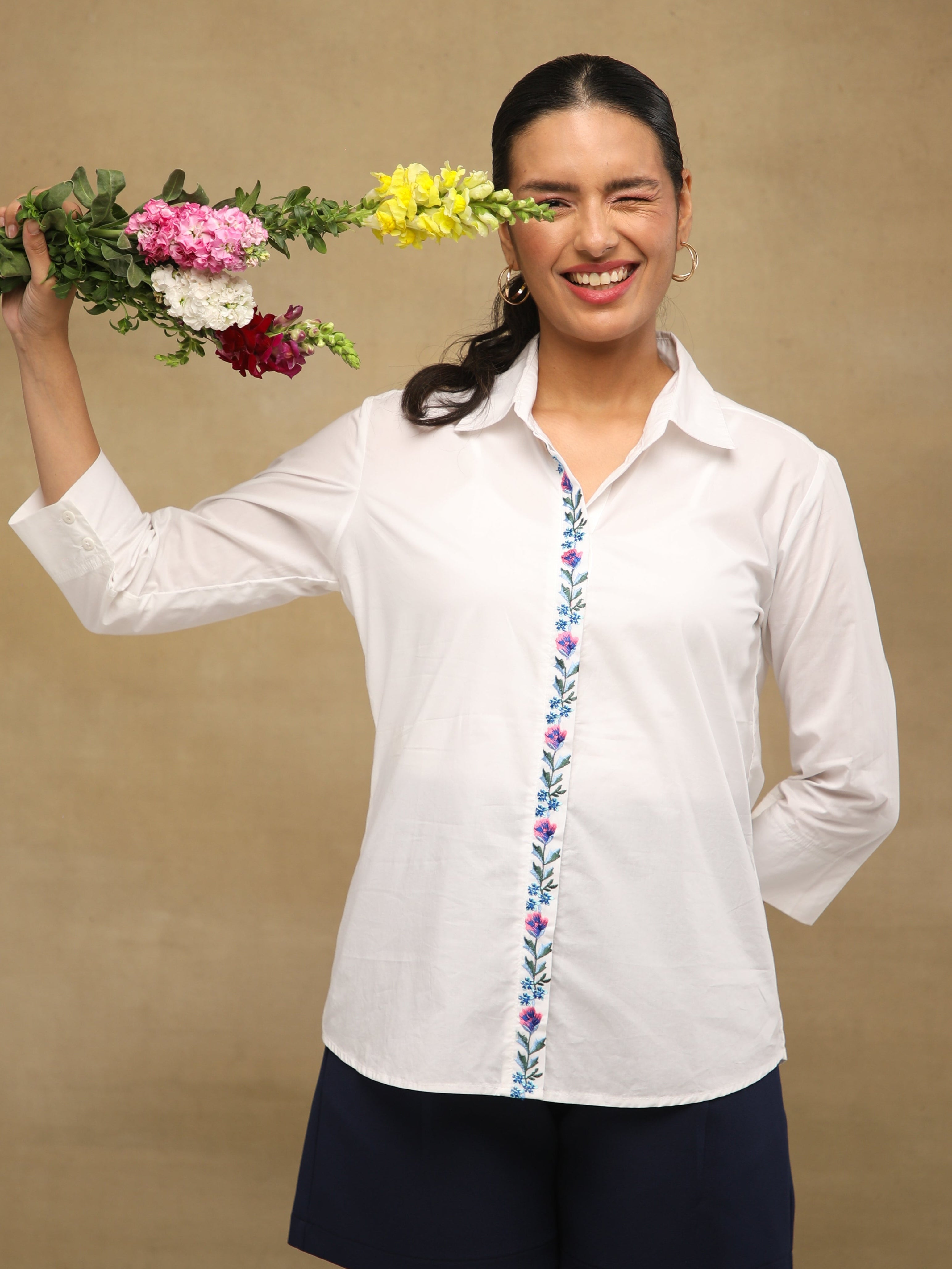 Ivory Front-Back Embroidered Yoke Shirt