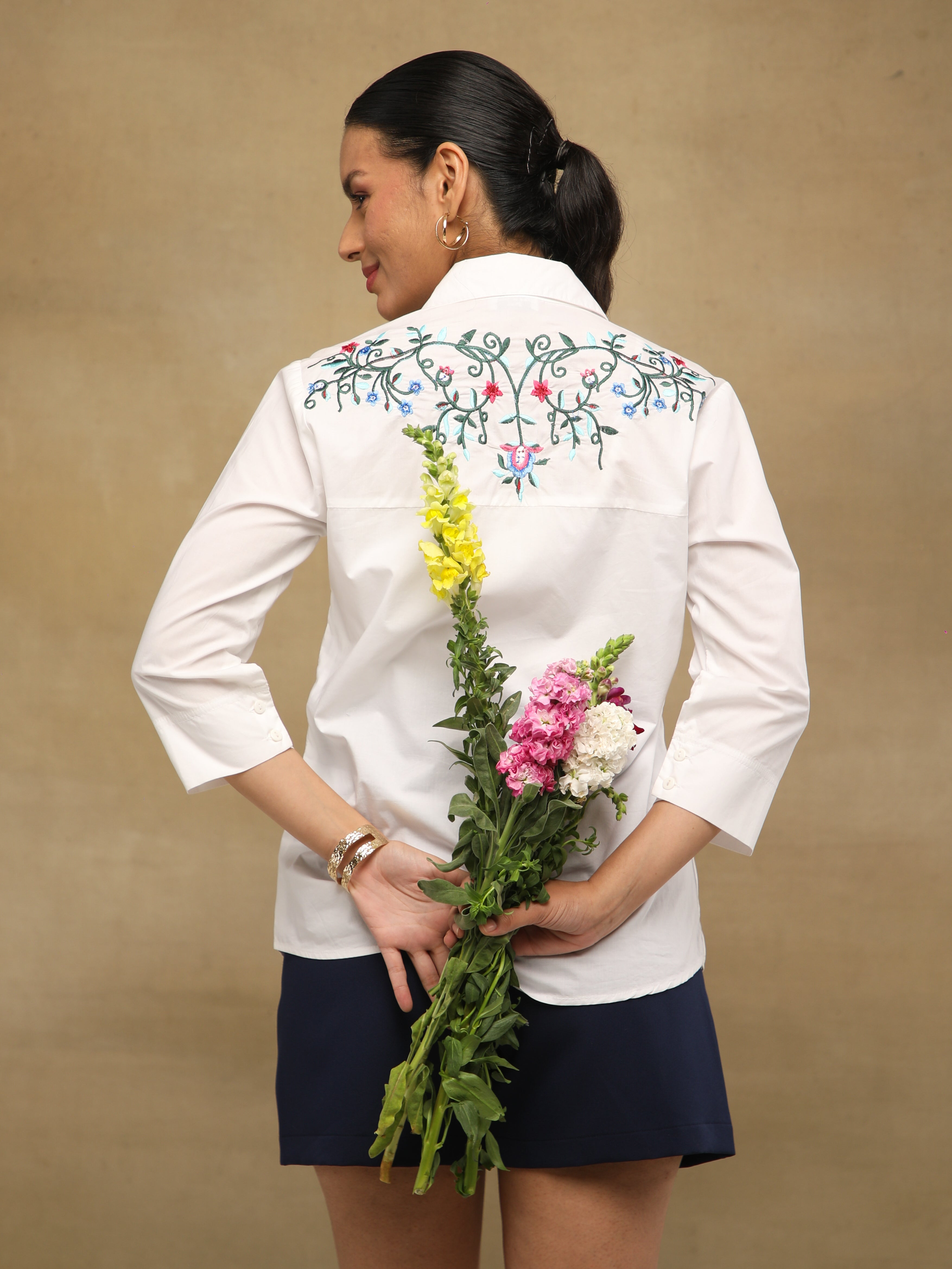 Ivory Front-Back Embroidered Yoke Shirt