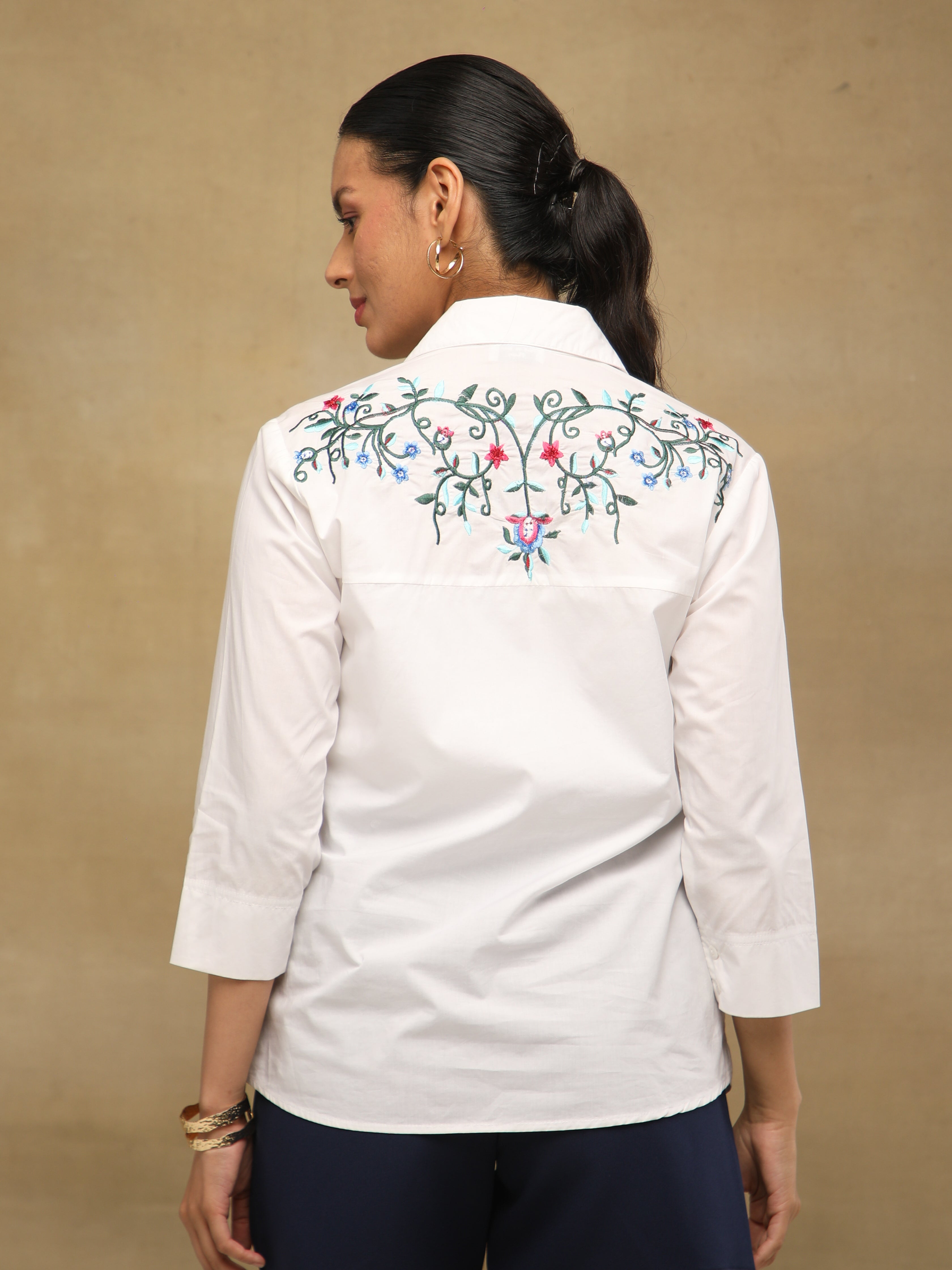 Ivory Front-Back Embroidered Yoke Shirt