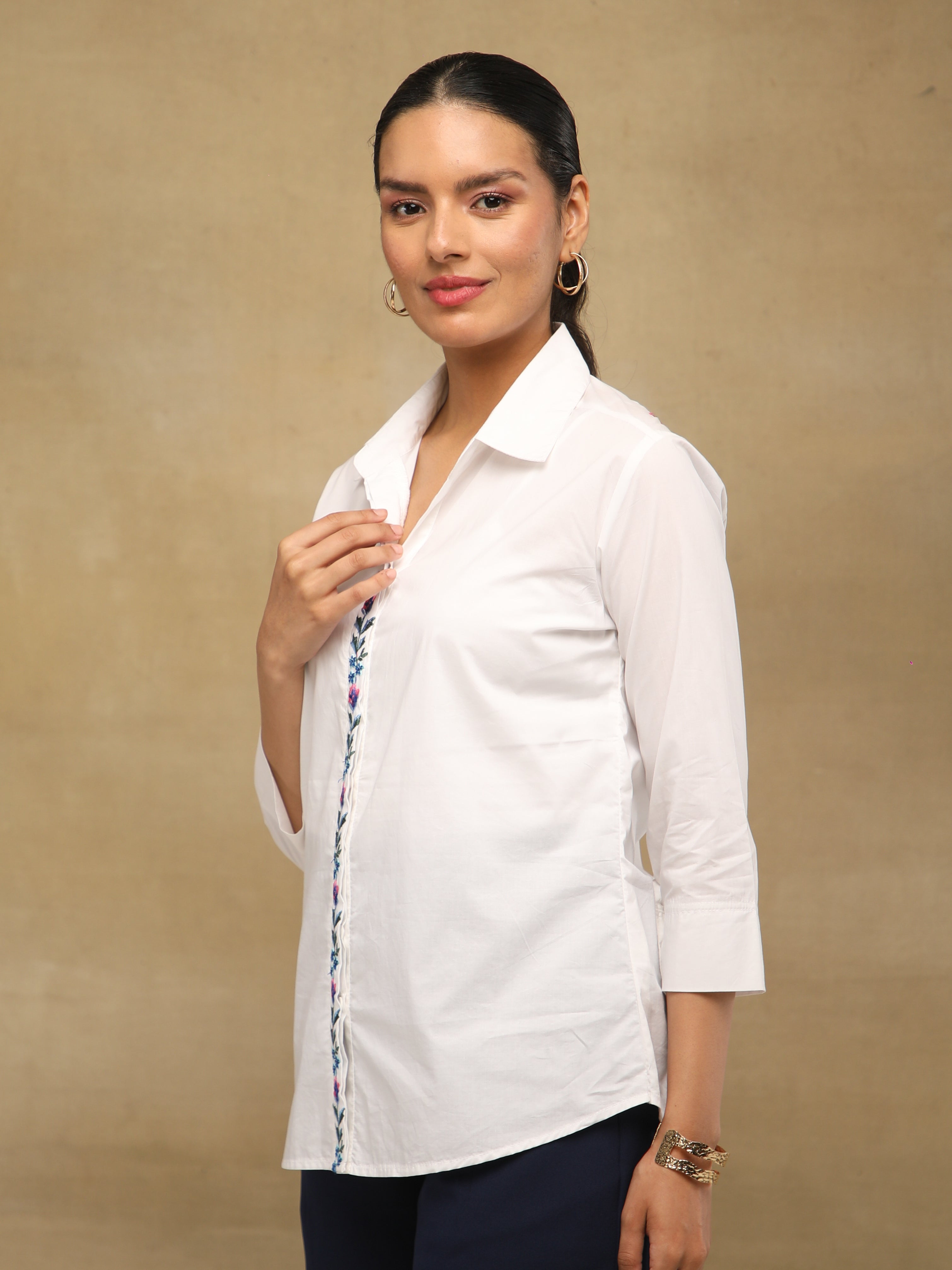 Ivory Front-Back Embroidered Yoke Shirt