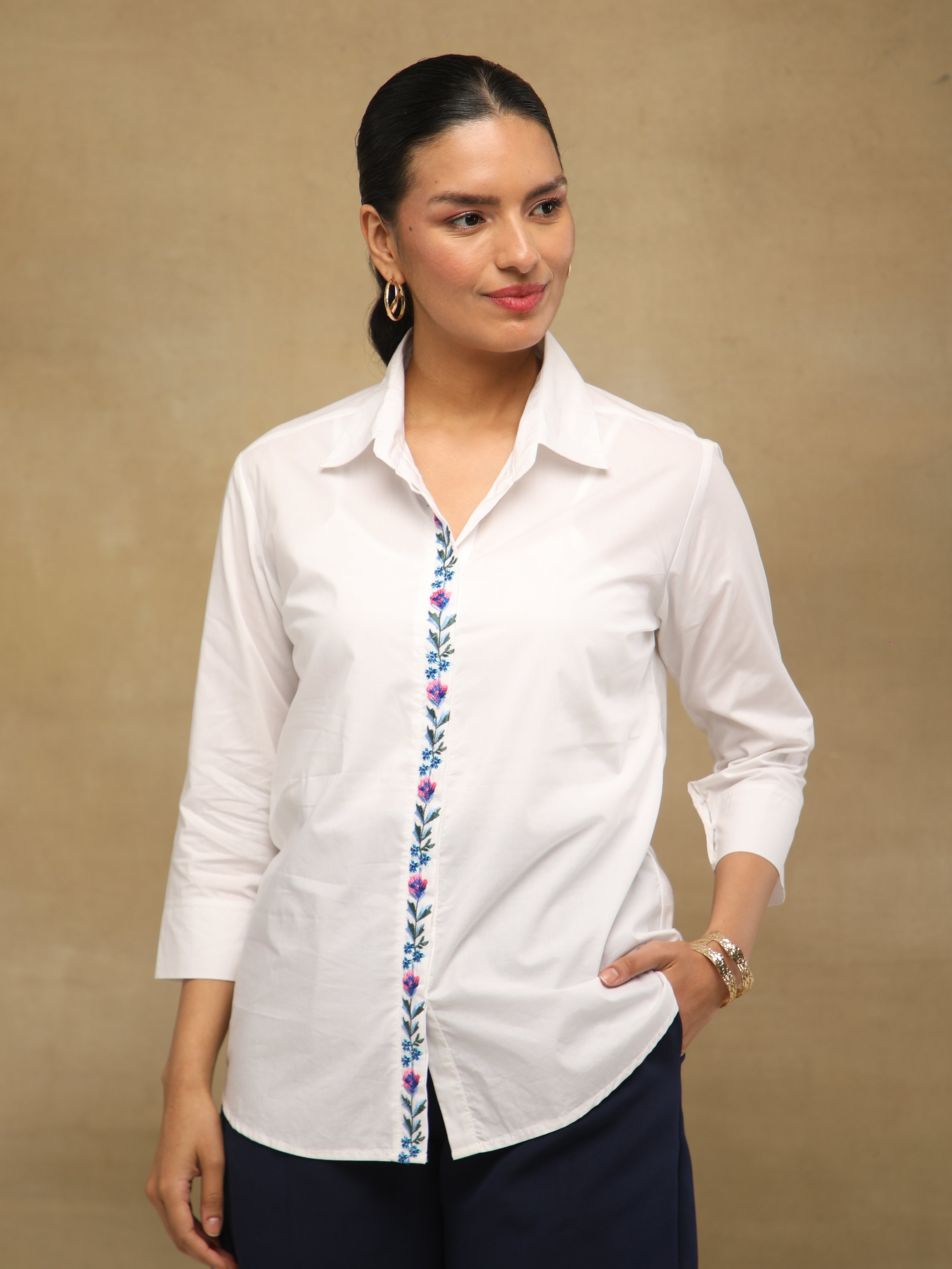 Ivory Front-Back Embroidered Yoke Shirt