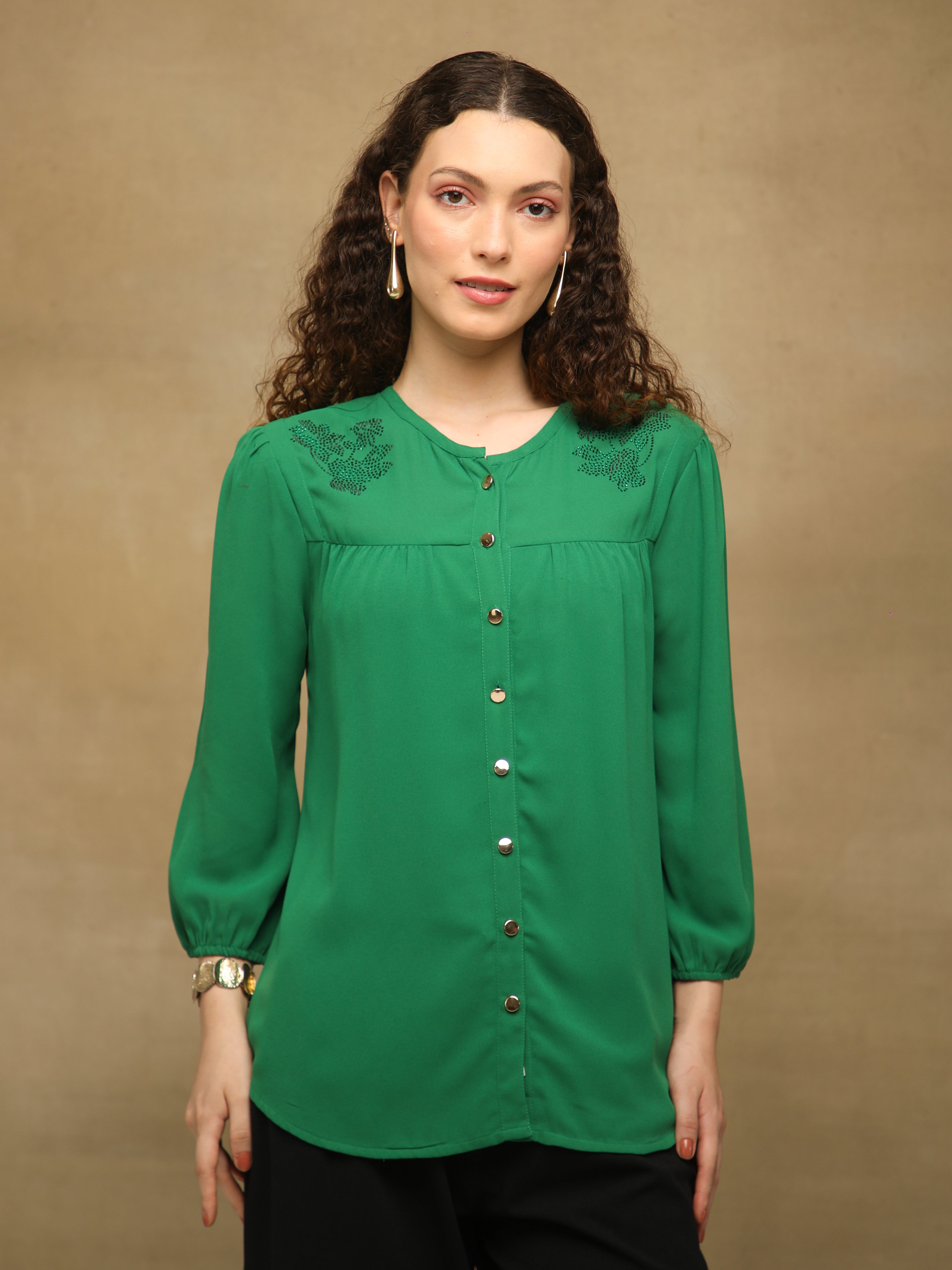 Swarovski Round Neck Green Top