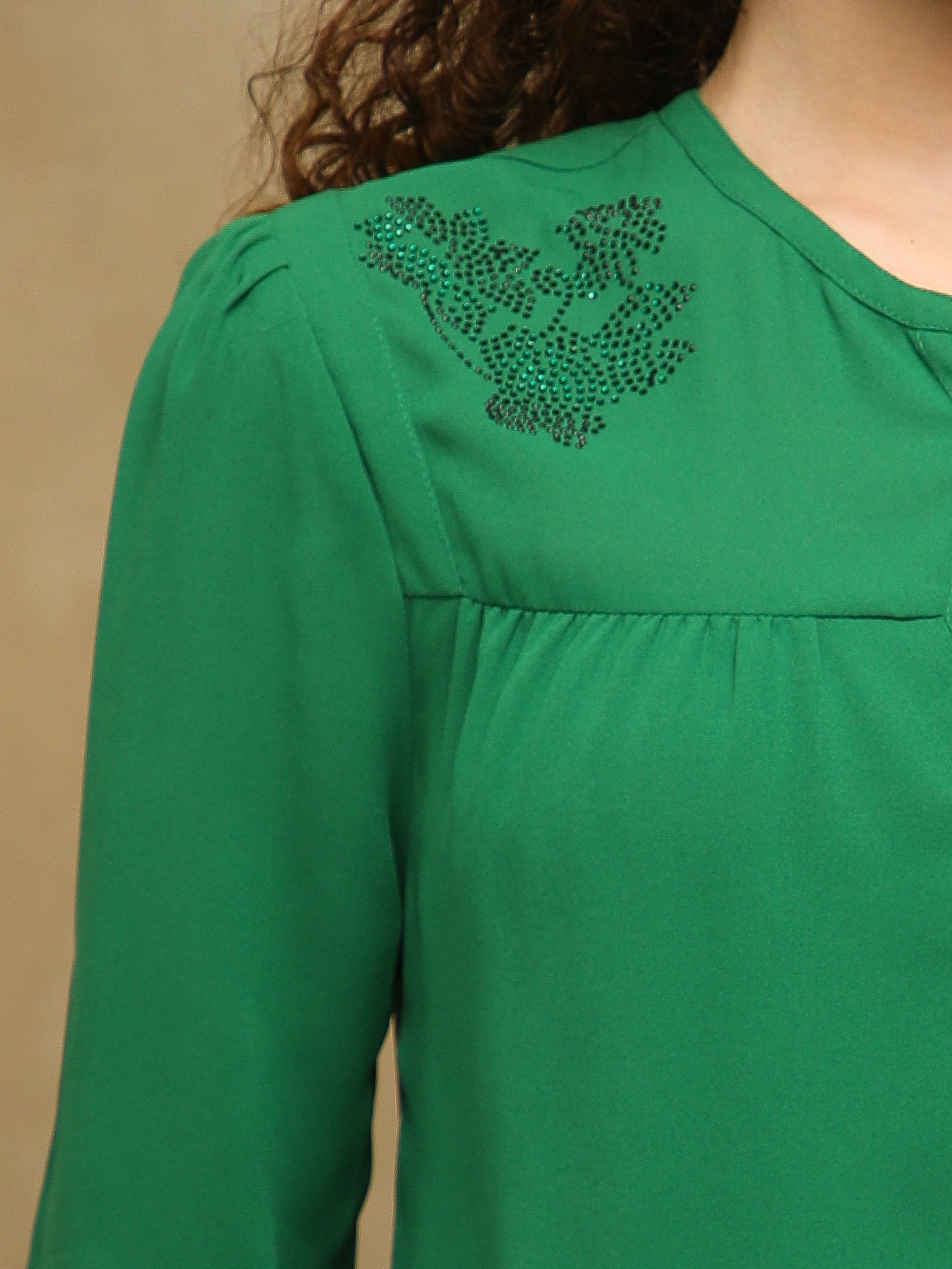 Swarovski Round Neck Green Top