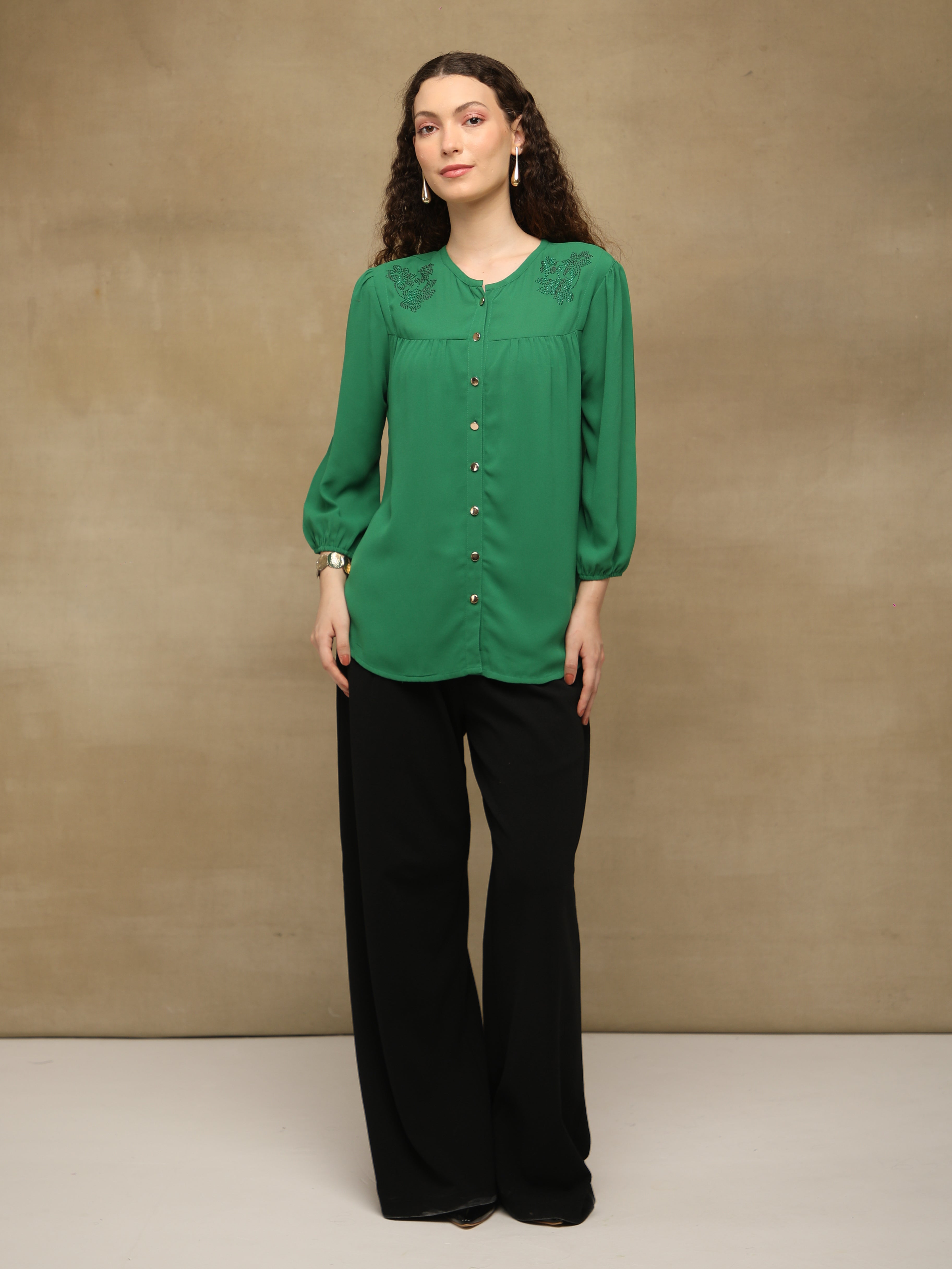 Swarovski Round Neck Green Top