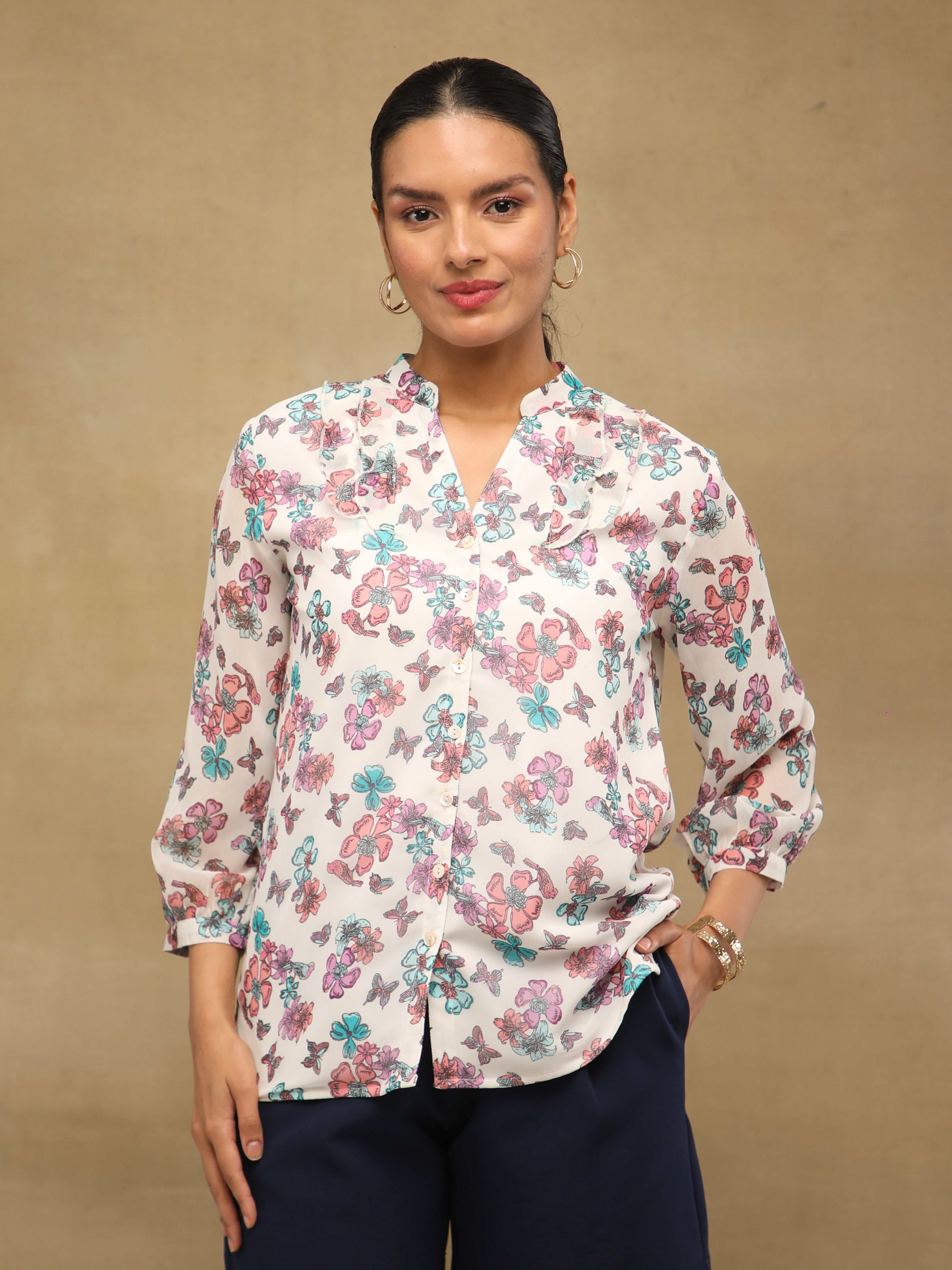 Front Frill Flora Shirt