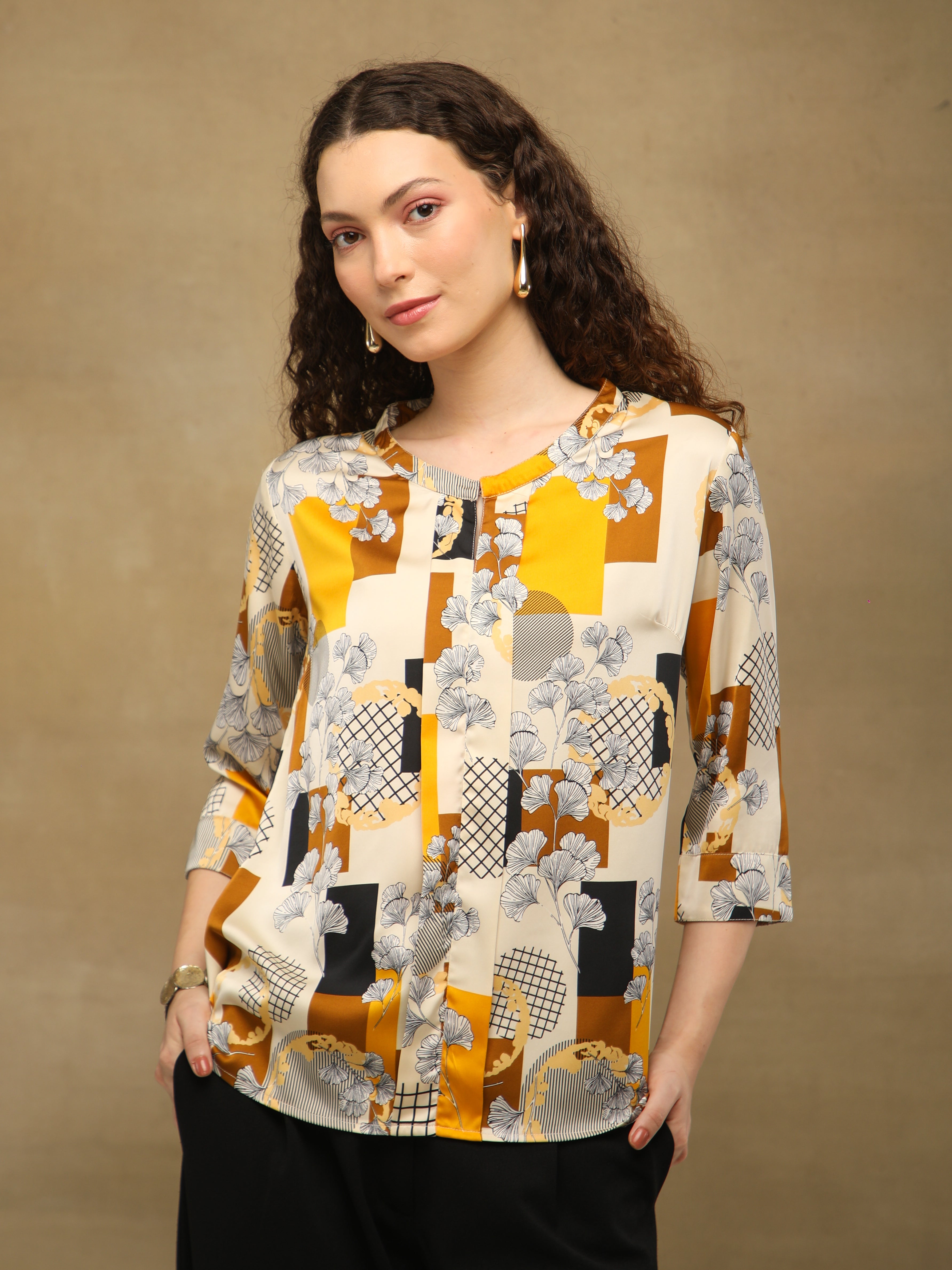 Tan Box Print Top