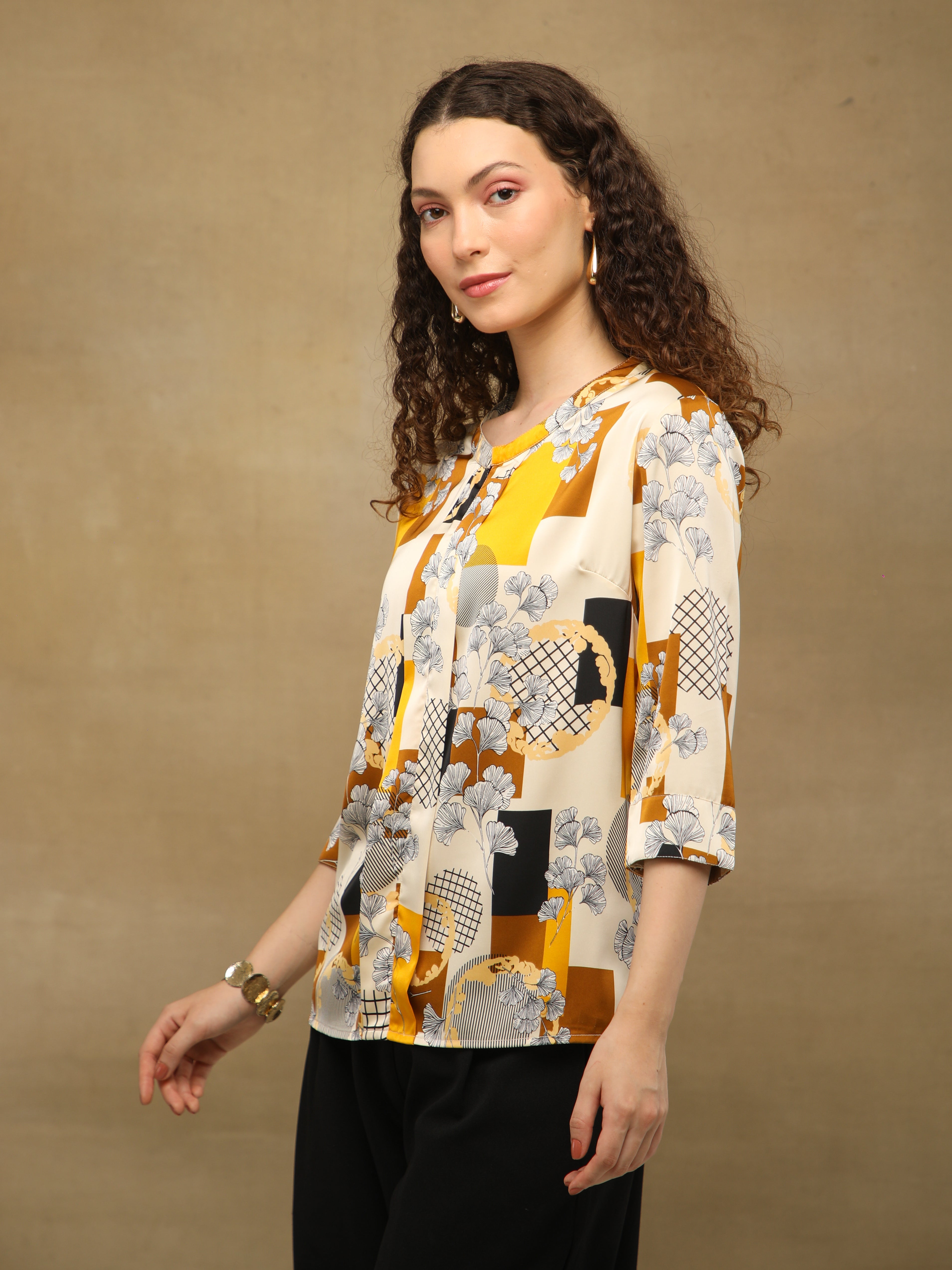 Tan Box Print Top