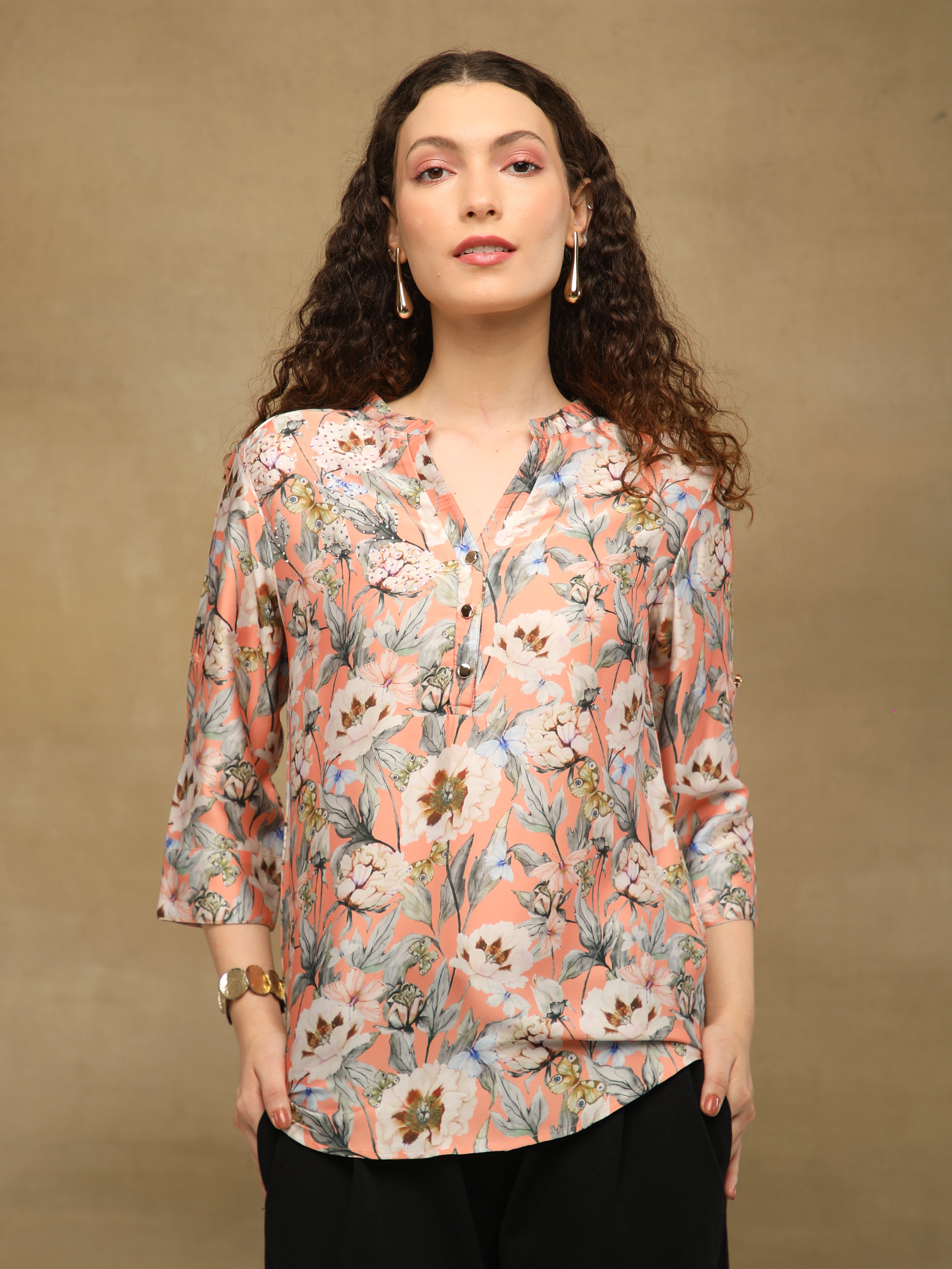 Peach Swarovski Floral Shirt