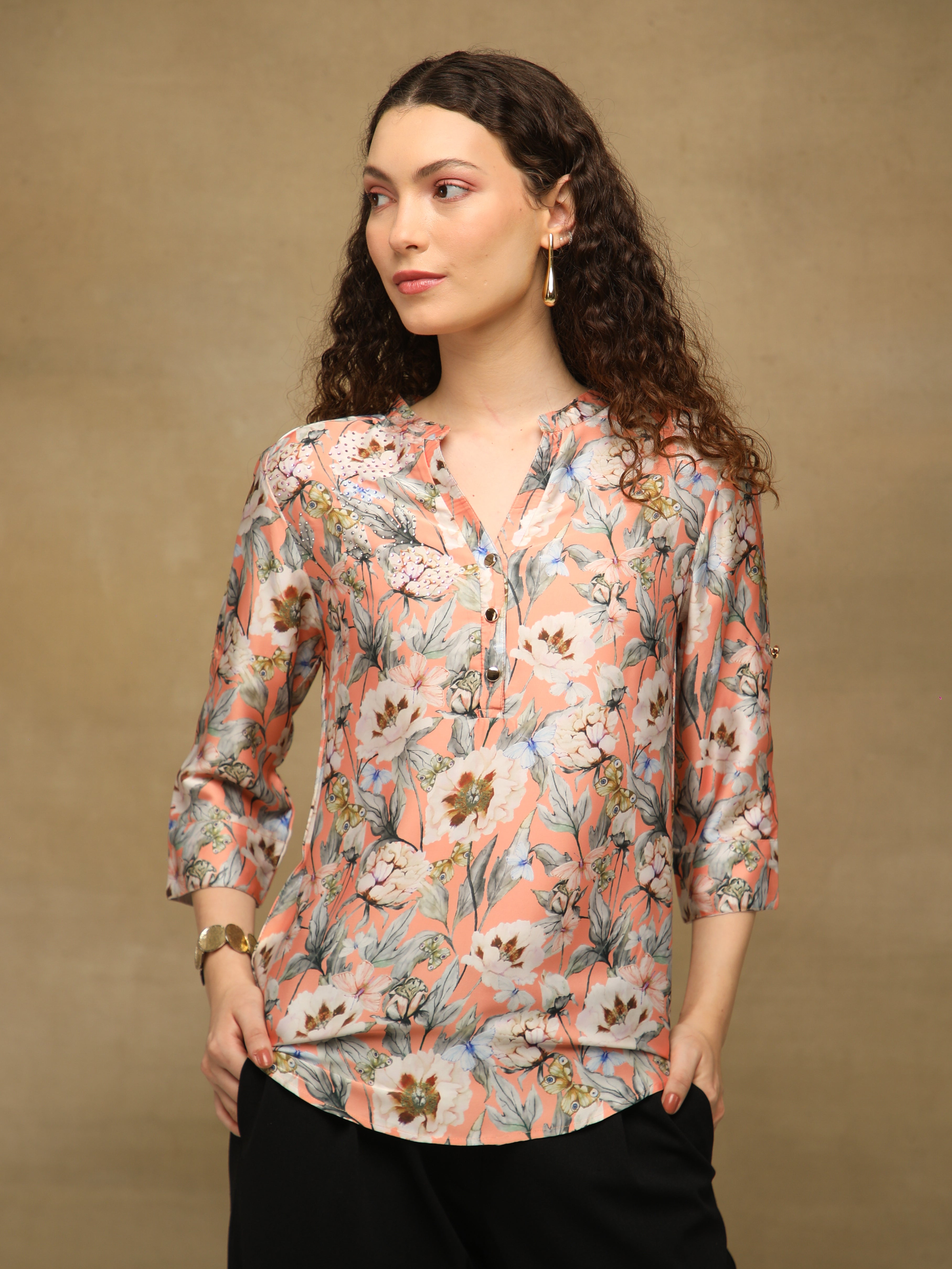 Peach Swarovski Floral Shirt