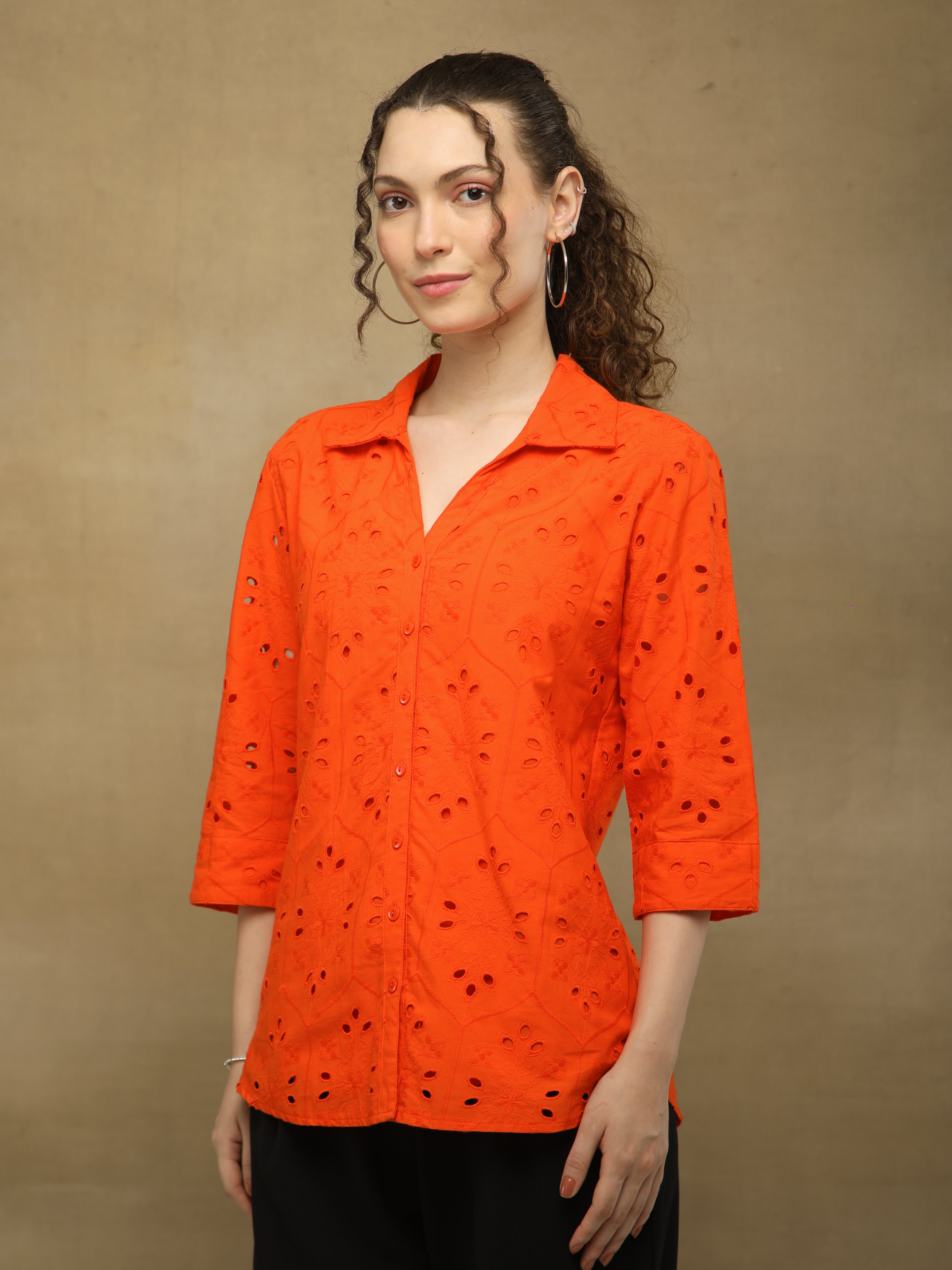 Orange Cotton Schiffli Shirt