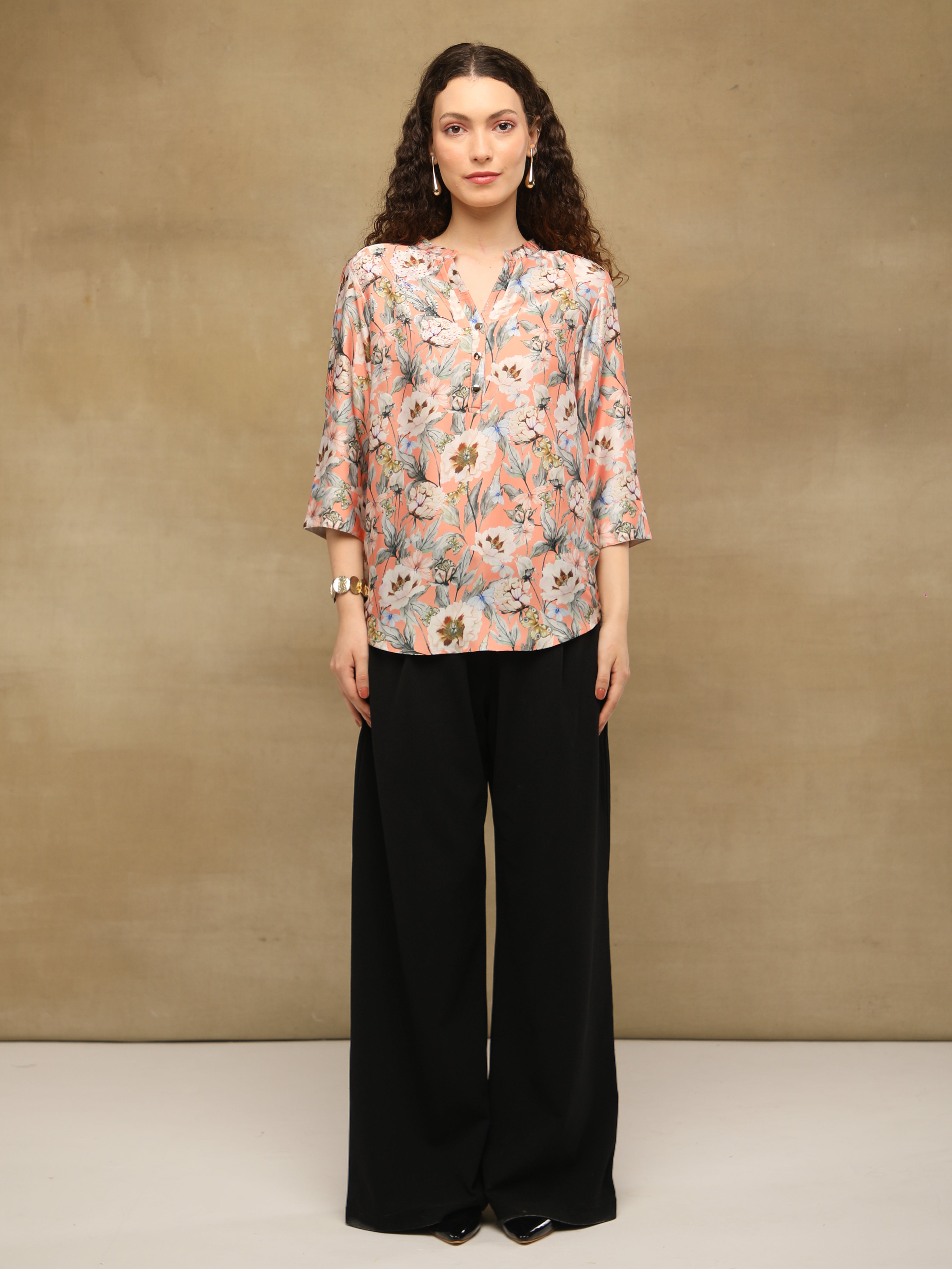 Peach Swarovski Floral Shirt