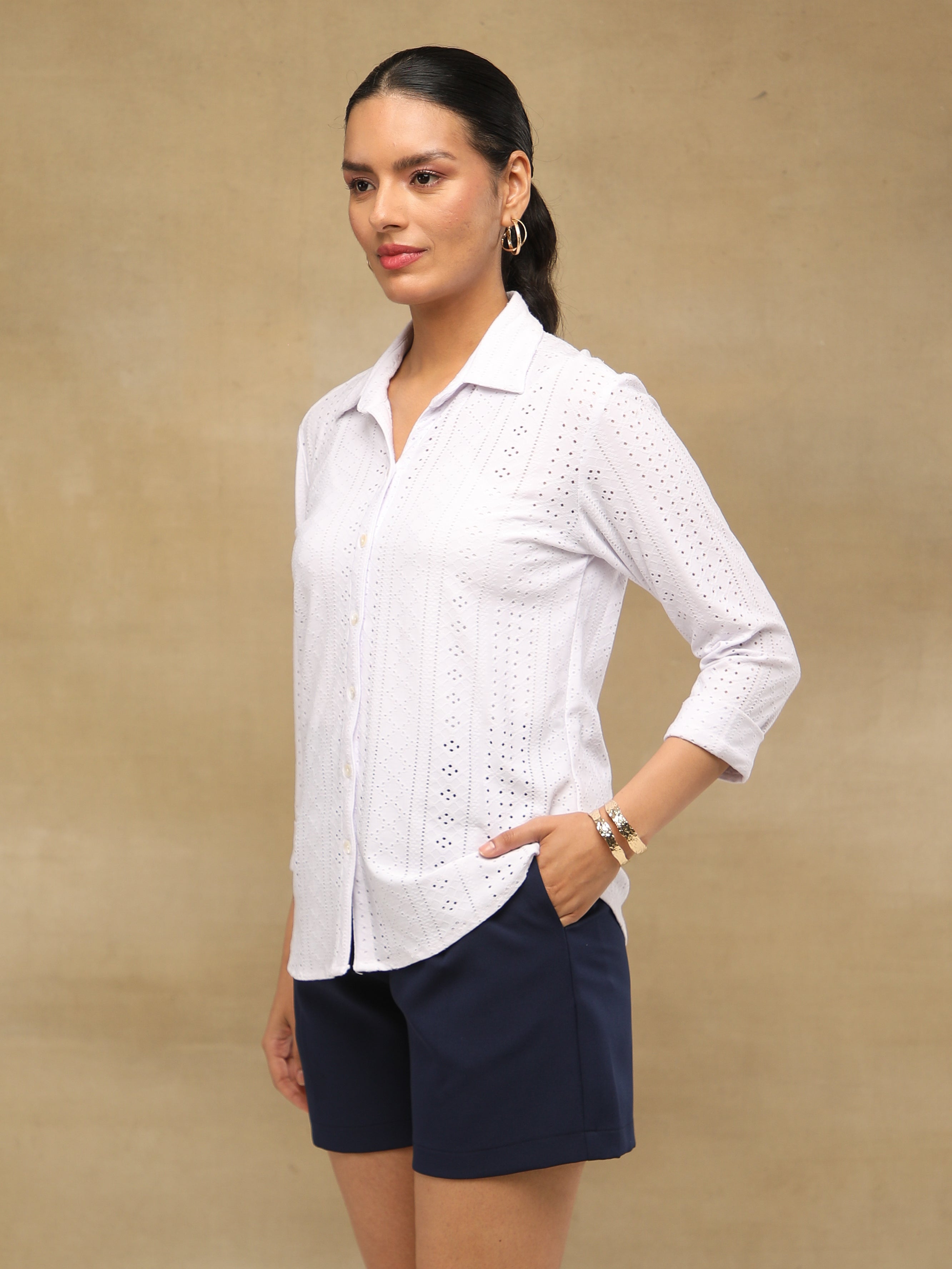 White Linear Schiffli Knit Shirt