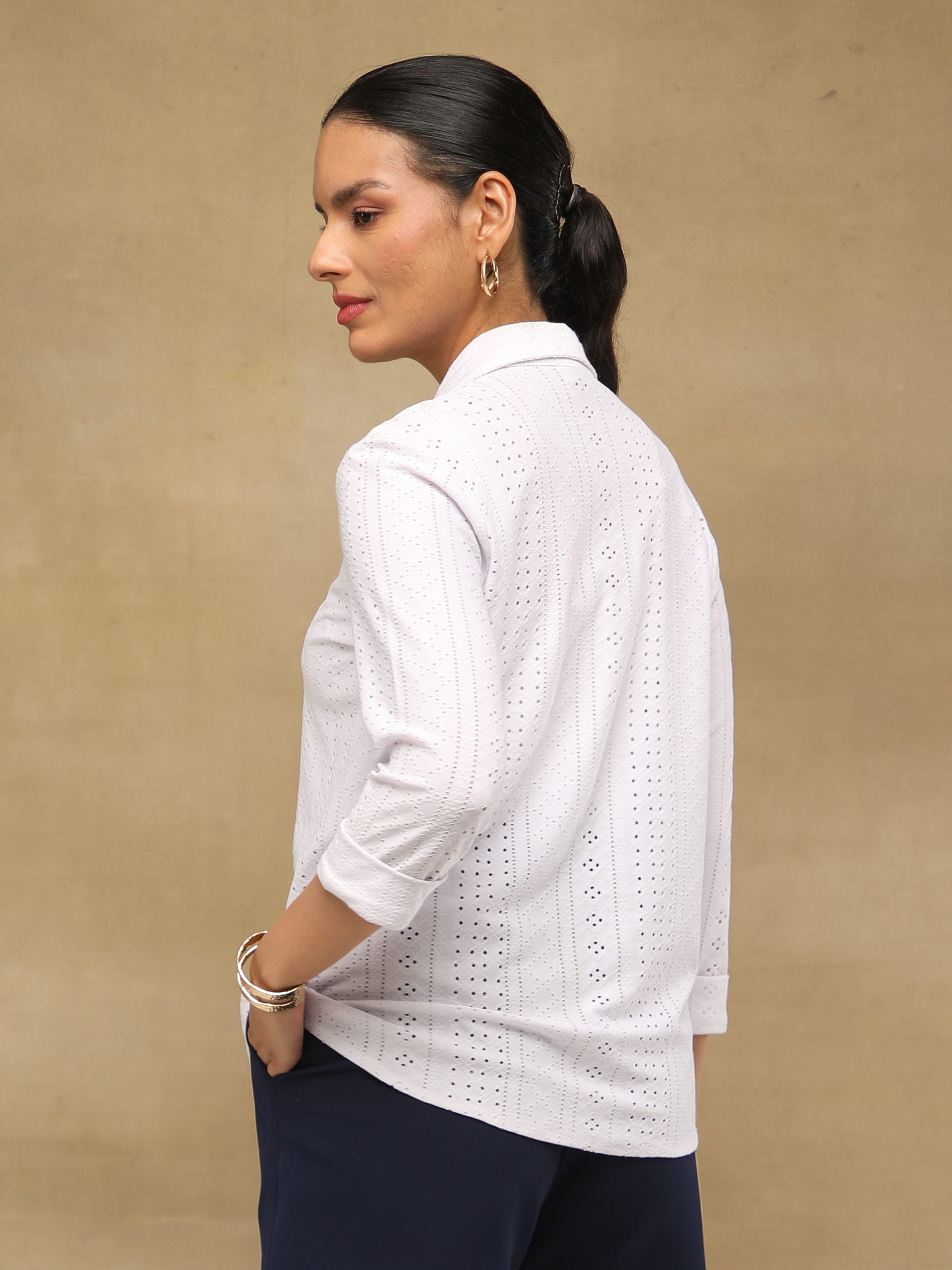 White Linear Schiffli Knit Shirt
