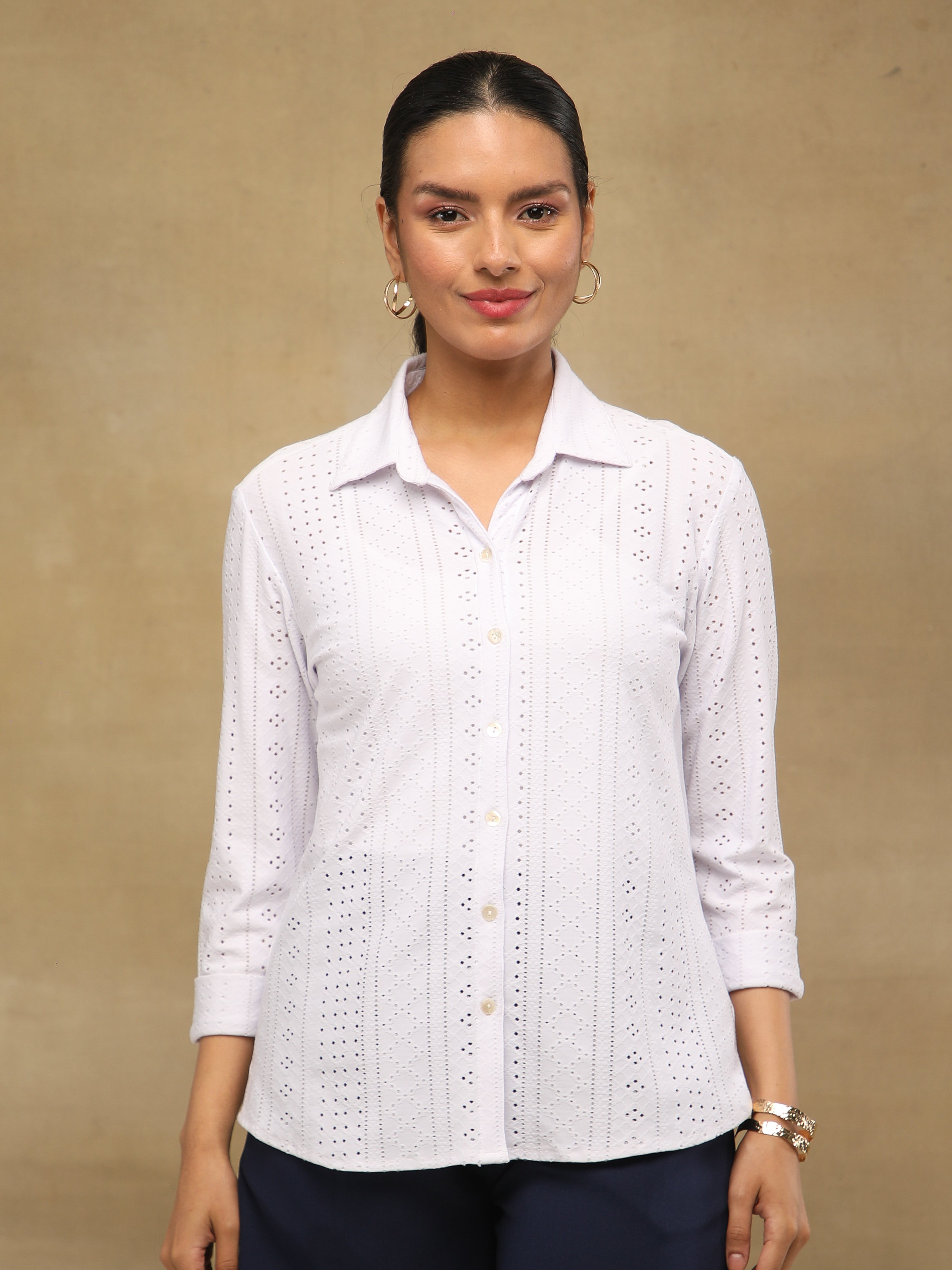 White Linear Schiffli Knit Shirt