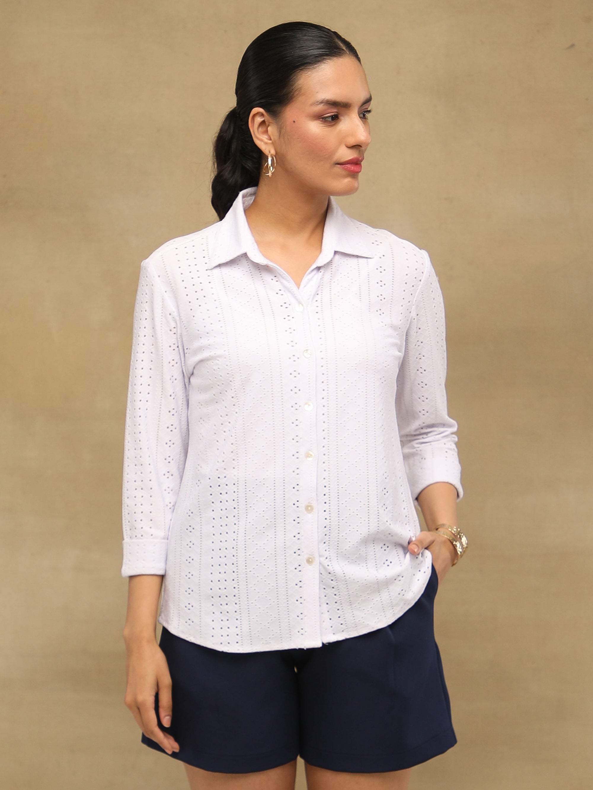 White Linear Schiffli Knit Shirt