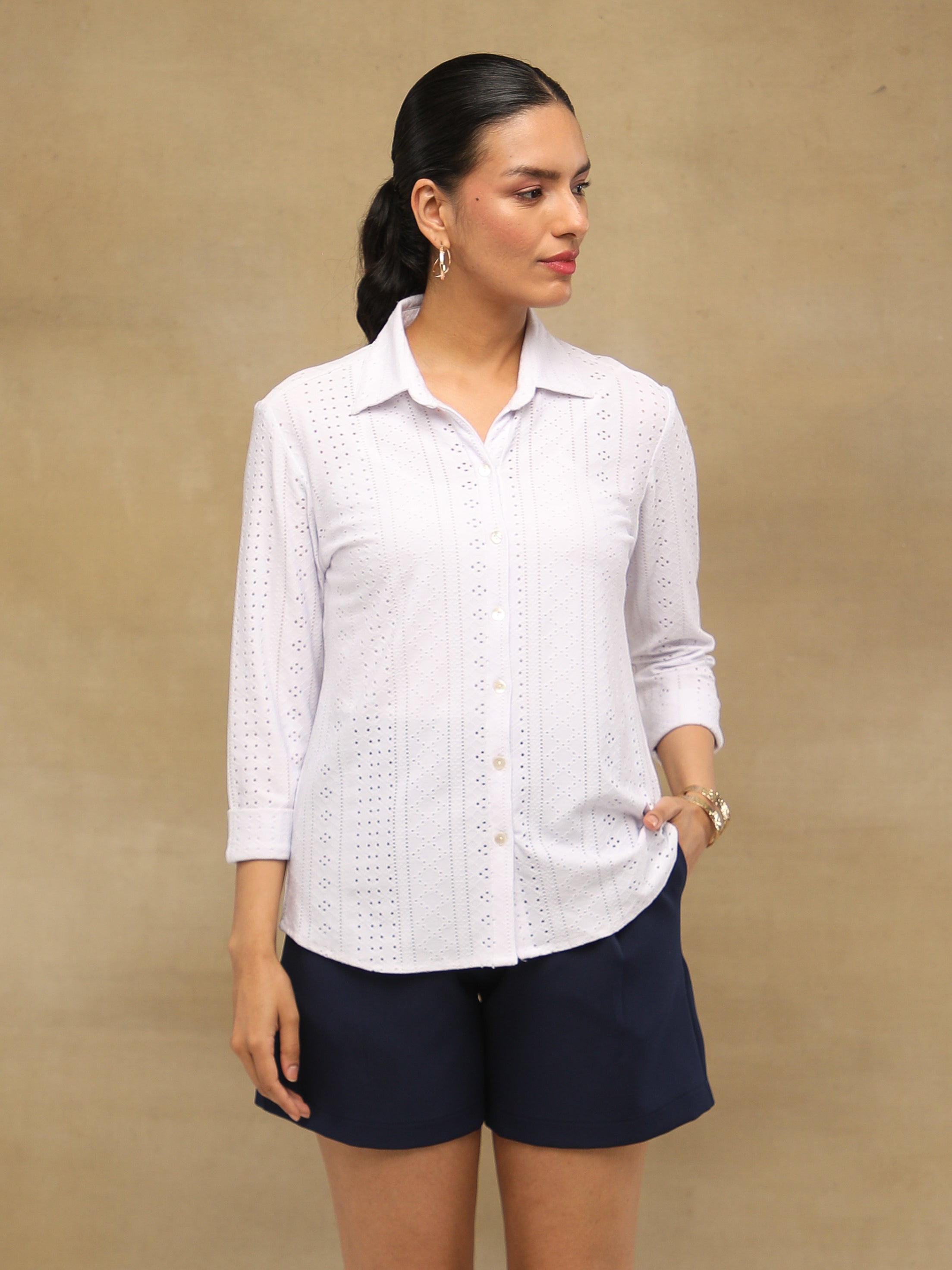 White Linear Schiffli Knit Shirt