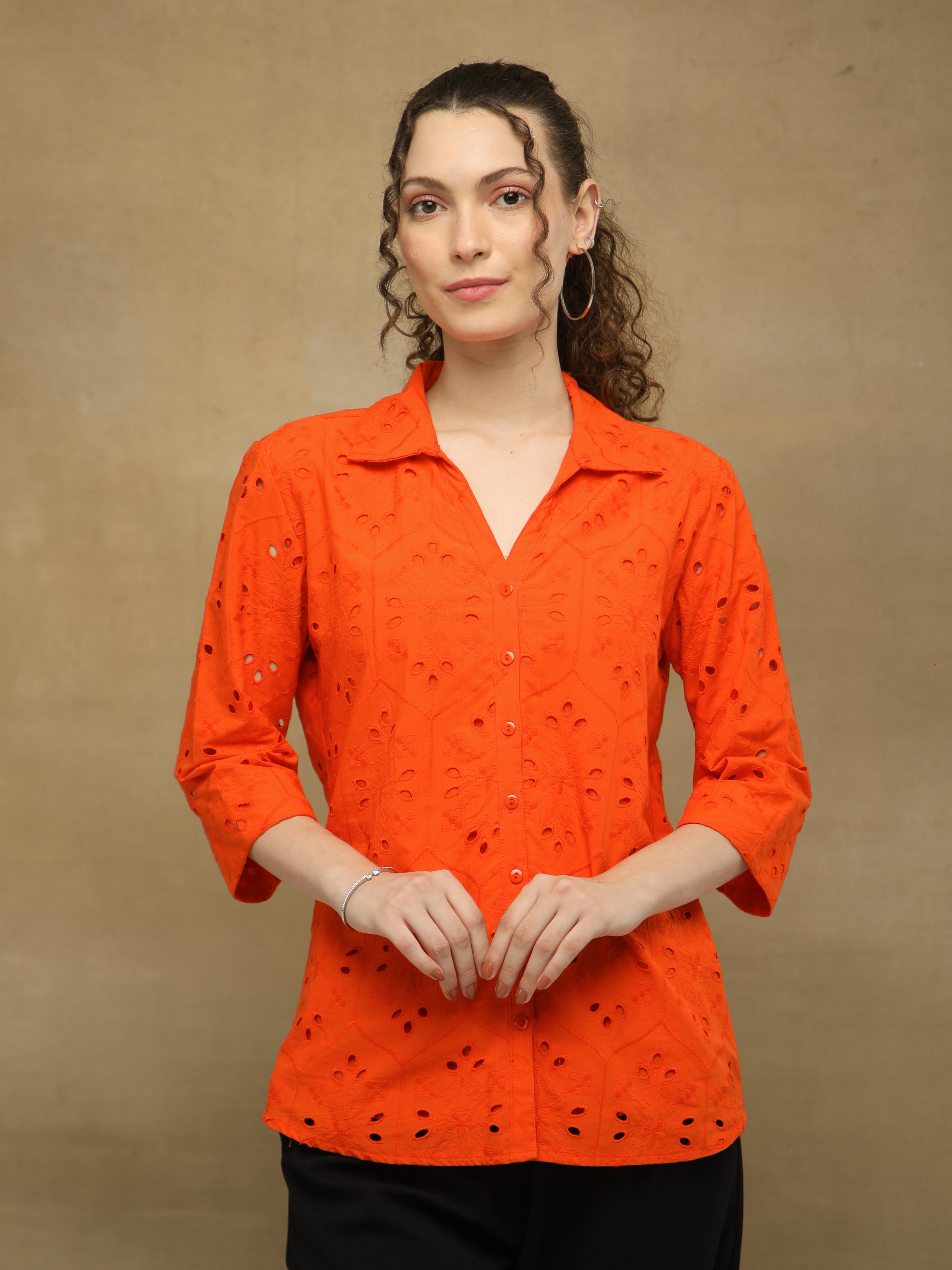 Orange Cotton Schiffli Shirt