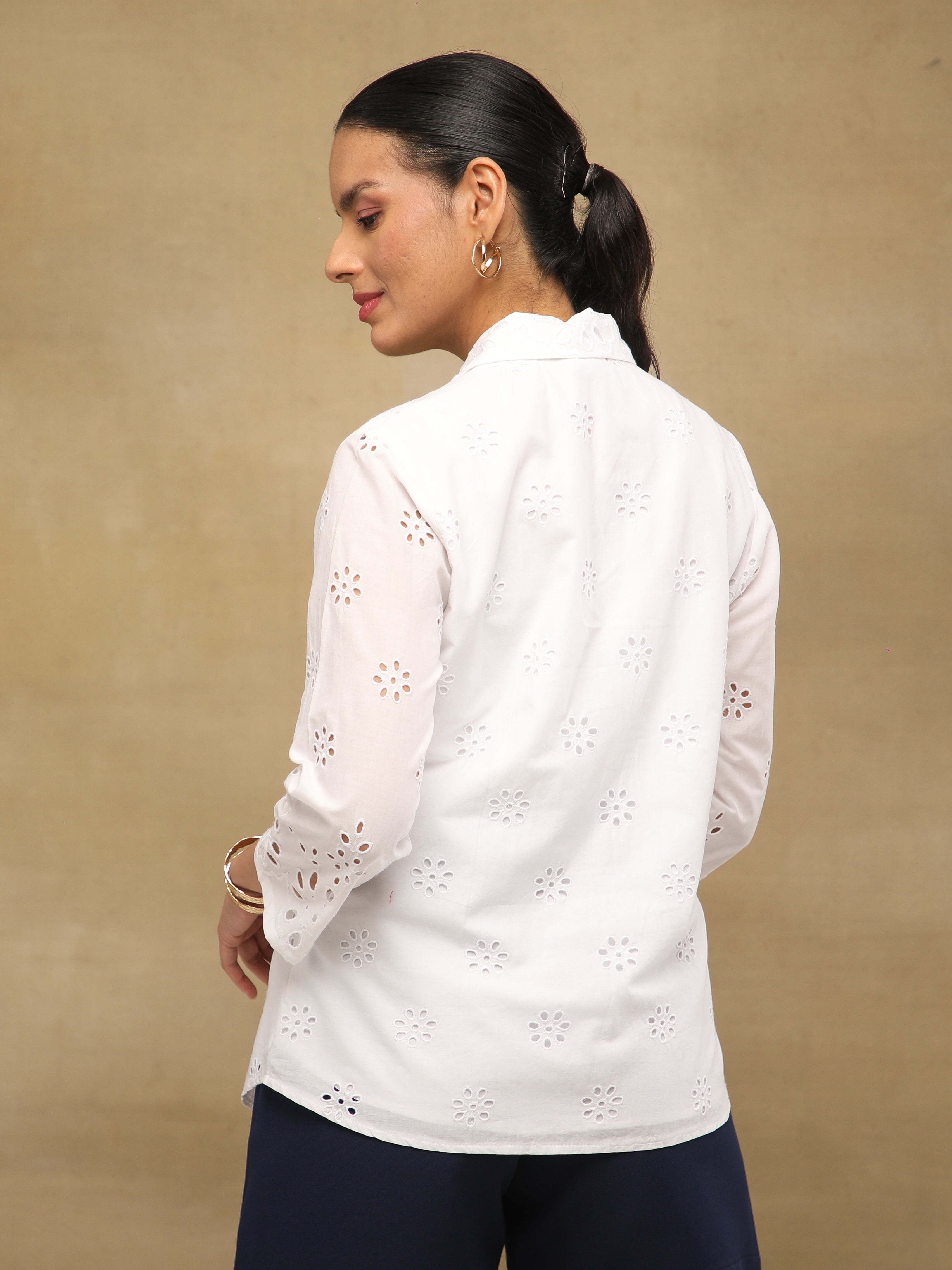 Ivory Indigo Schiffli Shirt