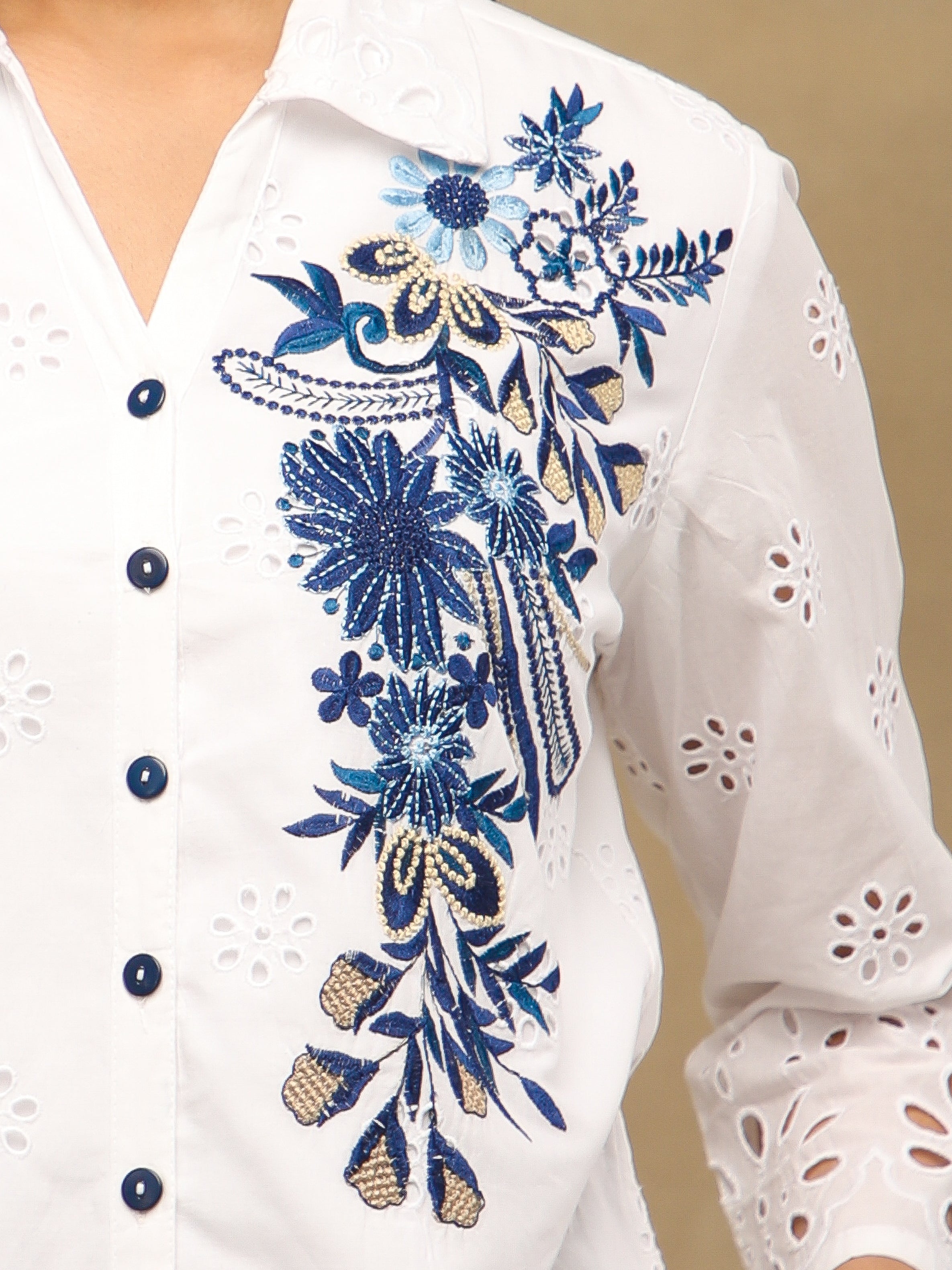 Ivory Indigo Schiffli Shirt