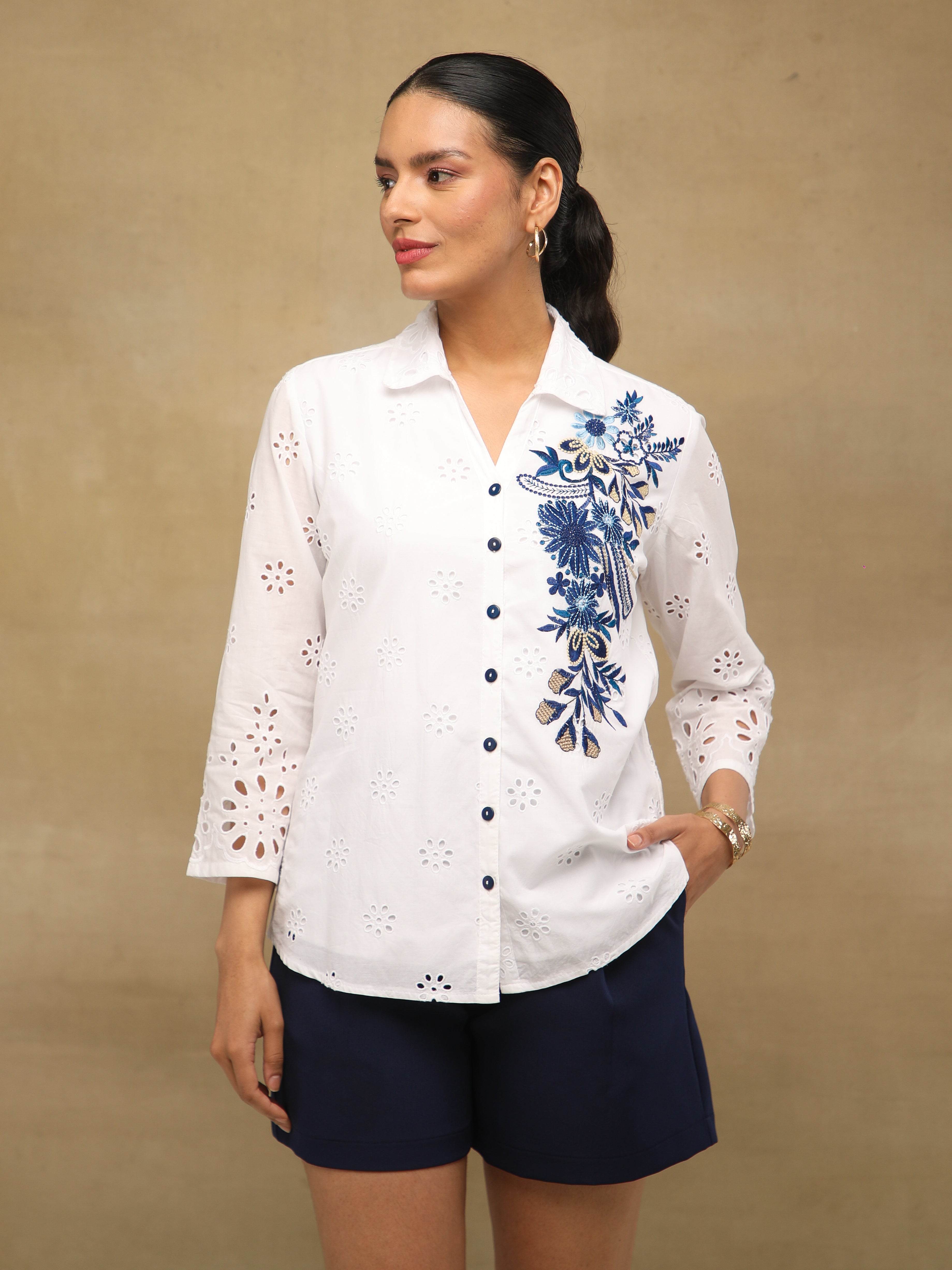 Ivory Indigo Schiffli Shirt